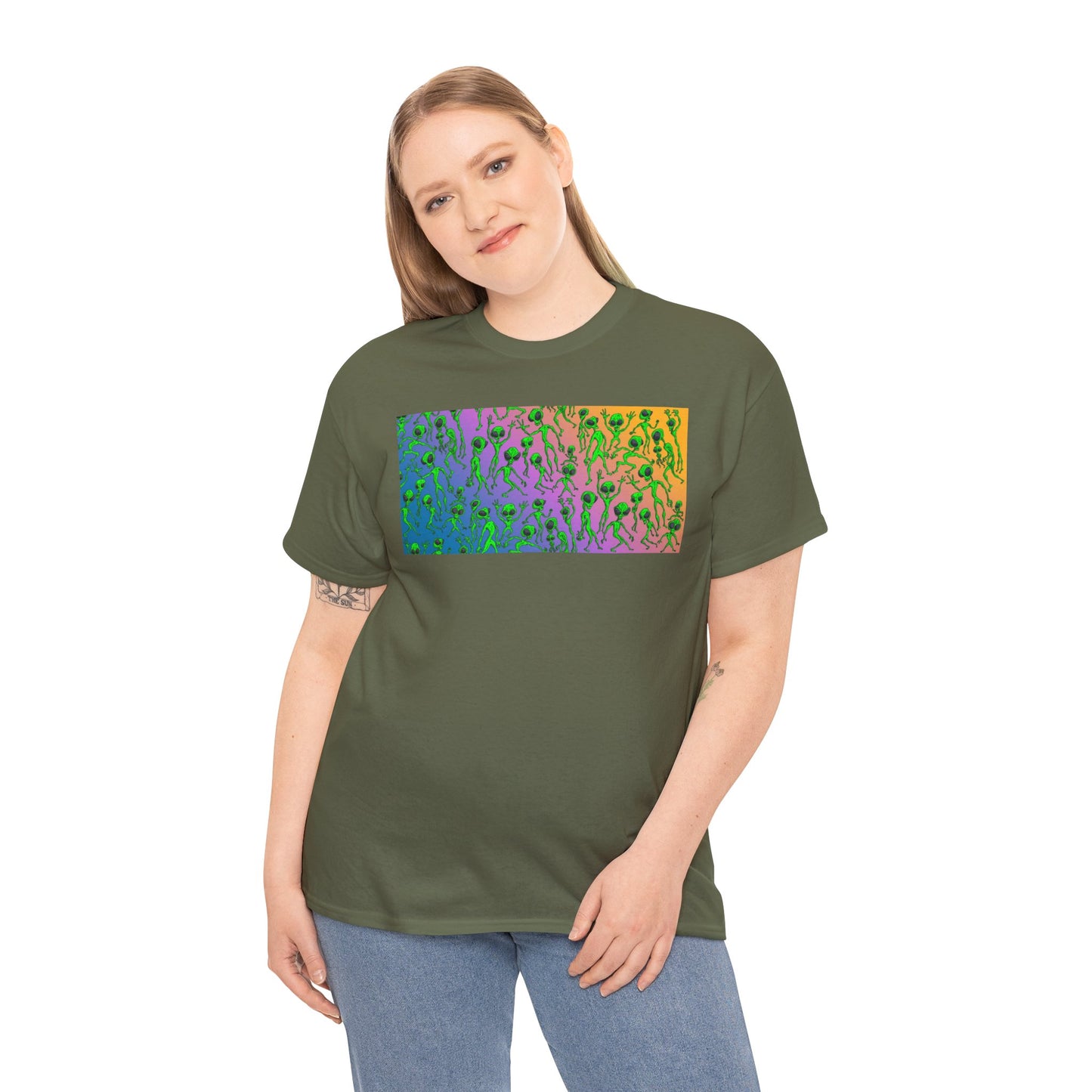 Alien Dance Party Gradient Tee — Colorful Psychedelic Green Aliens Art T-Shirt