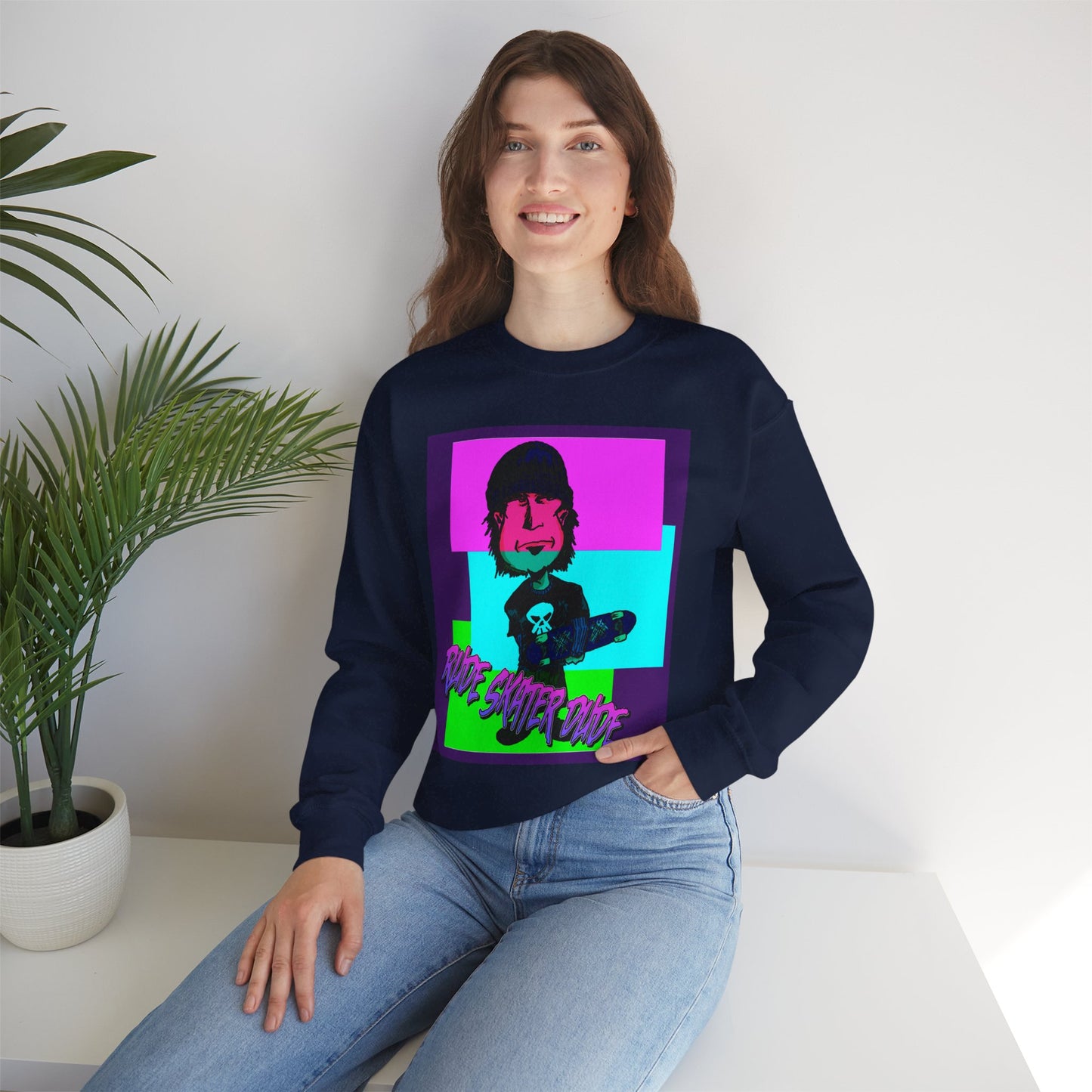 Crewneck Sweatshirt — Retro Neon Skate Punk "Rude Skater Dude" Graphic