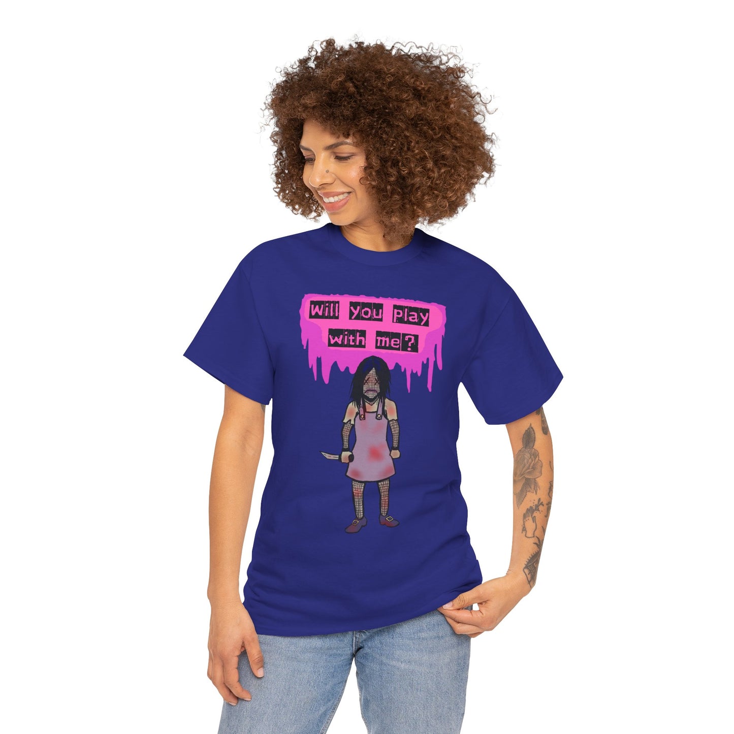 Playful Evil Doll Horror Graphic Tee, Unisex Heavy Cotton Shirt, Casual Wear, Unique Gift, Halloween Costume, Quirky Fashion