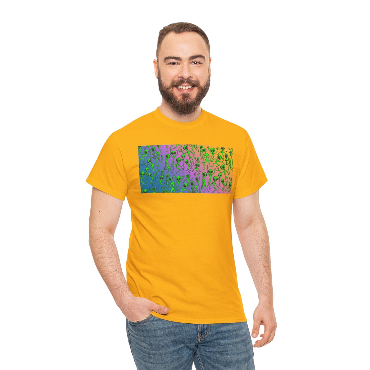 Alien Dance Party Gradient Tee — Colorful Psychedelic Green Aliens Art T-Shirt