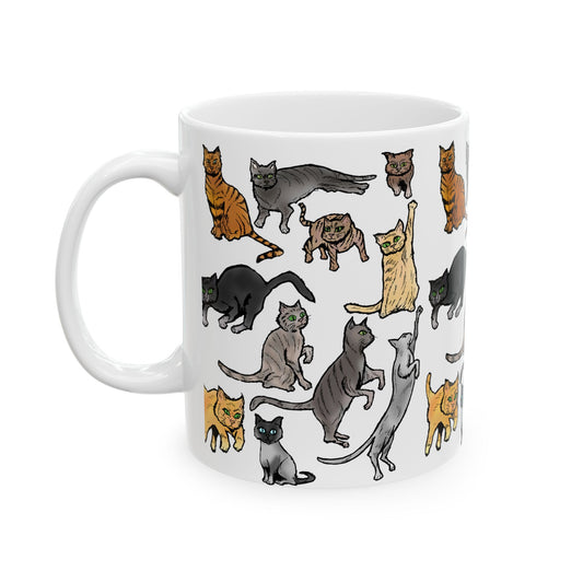 Cat Pattern Ceramic Mug — Cute Illustrated Cats Coffee Cup (11oz, 15oz)