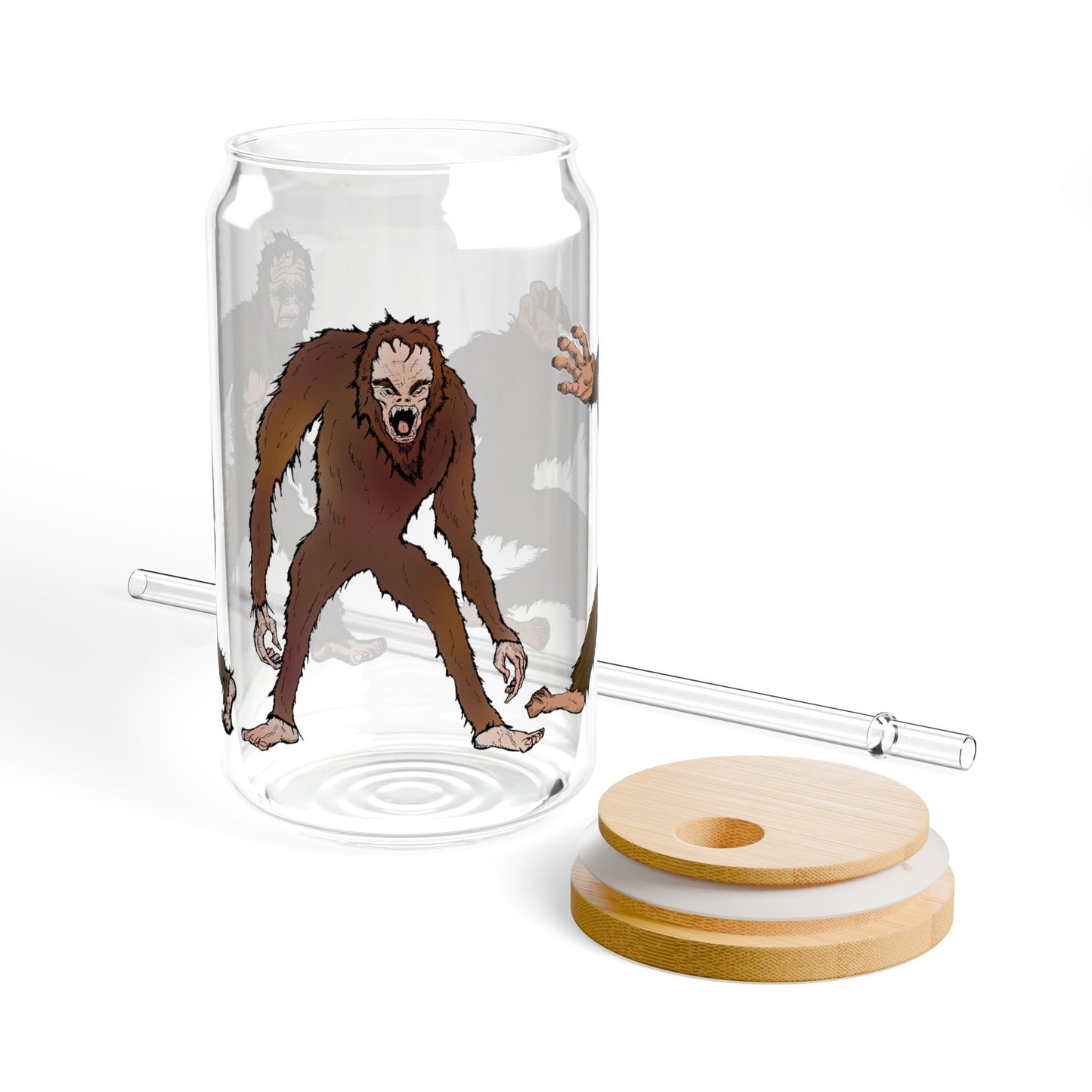 Bigfoot Pattern 16oz Sipper Glass with Bamboo Lid — Sasquatch Camping Drink Tumbler