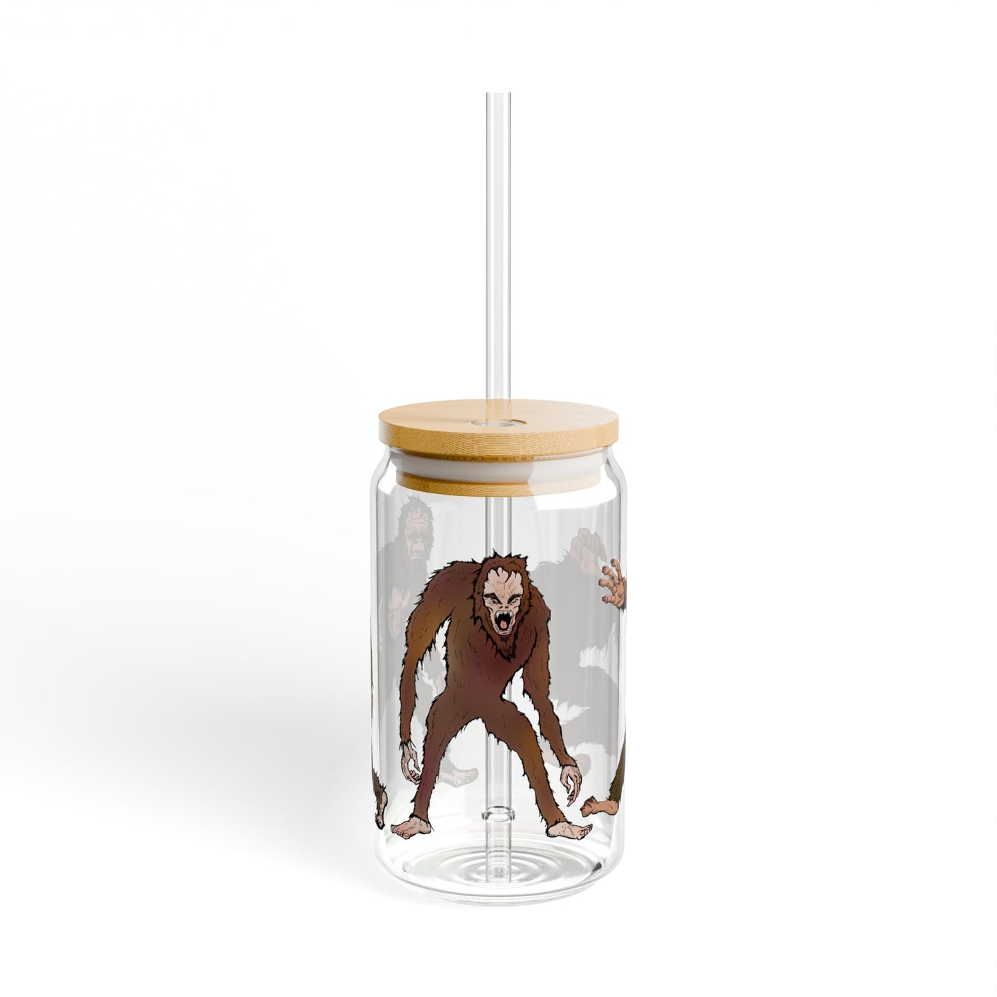 Bigfoot Pattern 16oz Sipper Glass with Bamboo Lid — Sasquatch Camping Drink Tumbler