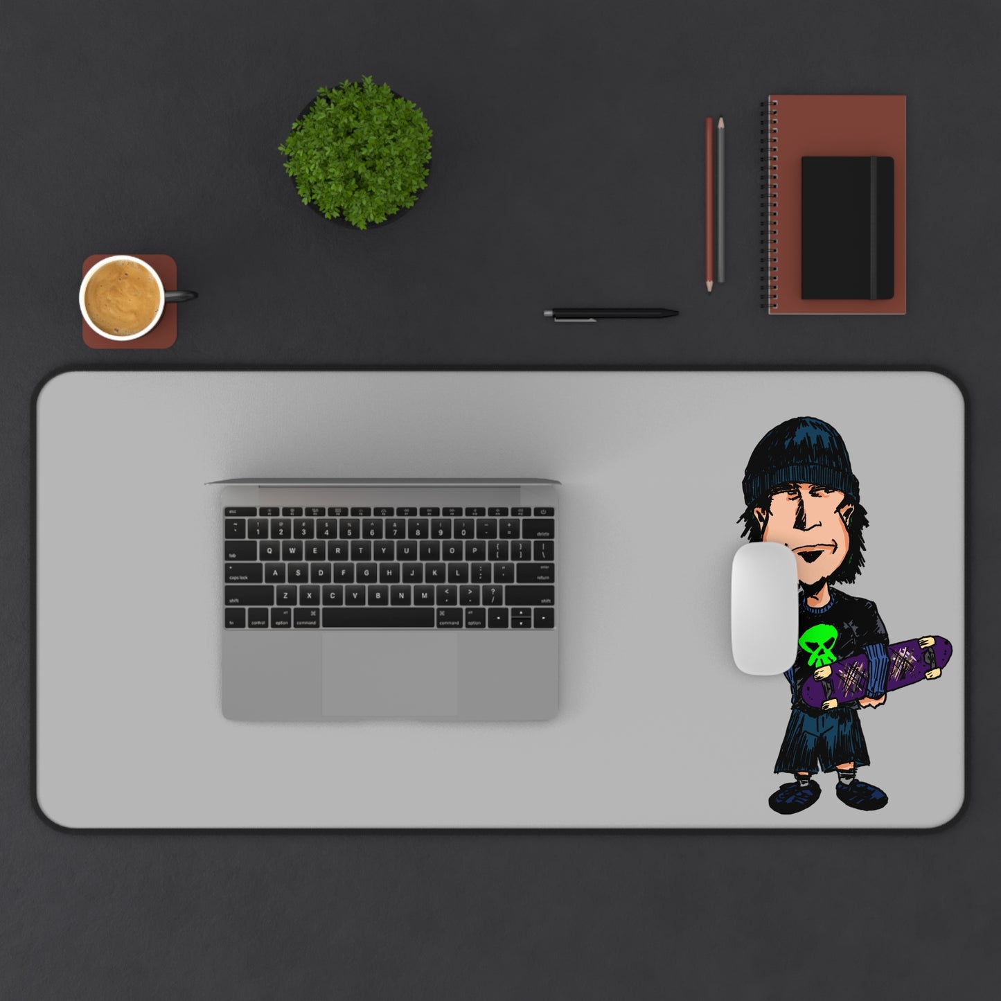 Rude Skater Dude - Skate Punk Desk Mat — Gray Gaming/Work Mouse Pad with Skateboard Graphic