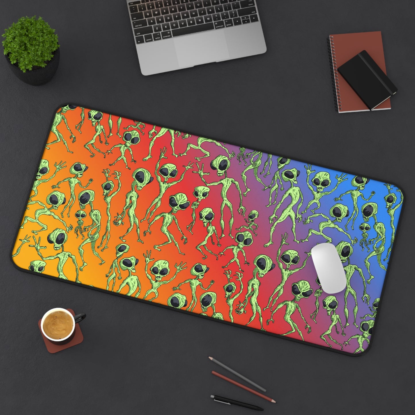 Alien Dance Party Rainbow Desk Mat — Colorful Alien Pattern Gaming Mouse Pad