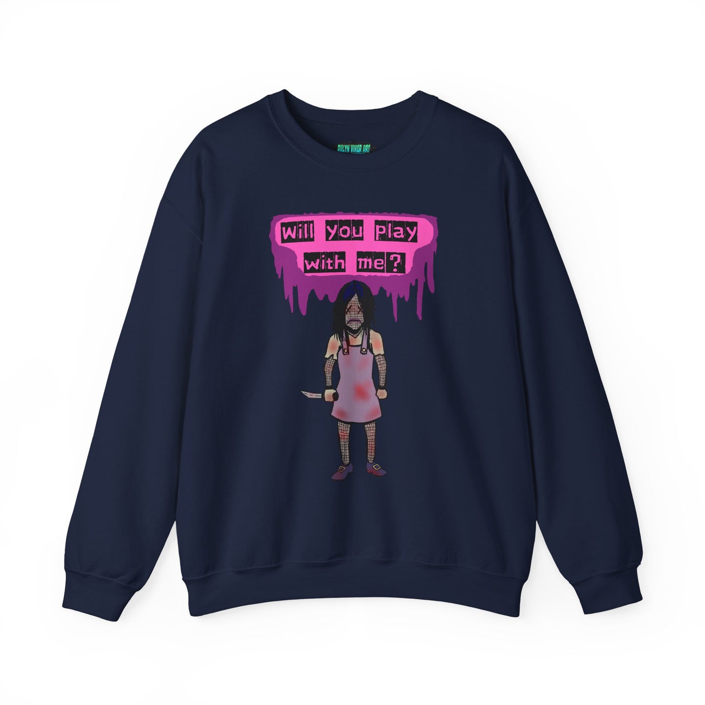 Evil Doll GHOSTLY VINTAGE UNISEX CREWNECK SWEATSHIRT - "Will You Play With Me?"