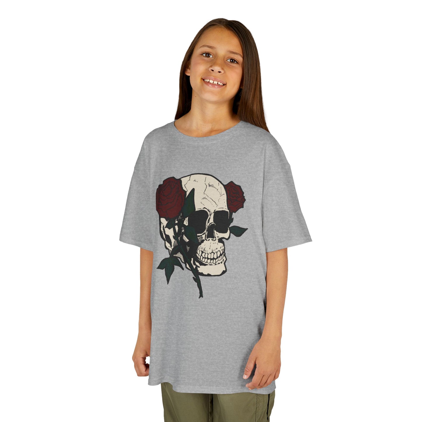 Kids Heavy Cotton Tee - Skull and Roses Graphic Tee for Trendy Kids