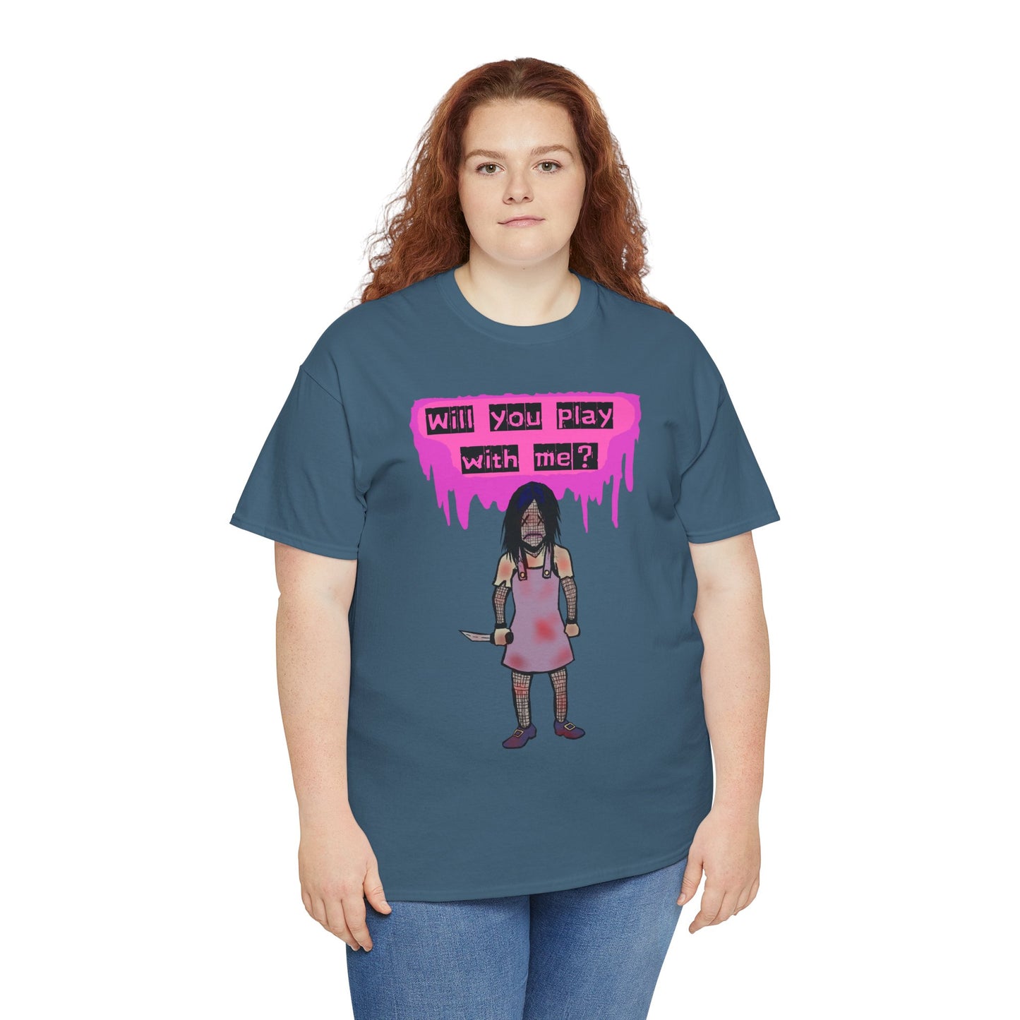 Playful Evil Doll Horror Graphic Tee, Unisex Heavy Cotton Shirt, Casual Wear, Unique Gift, Halloween Costume, Quirky Fashion