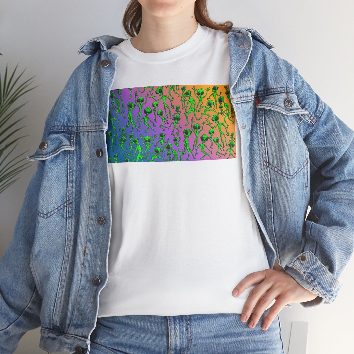Alien Dance Party Gradient Tee — Colorful Psychedelic Green Aliens Art T-Shirt