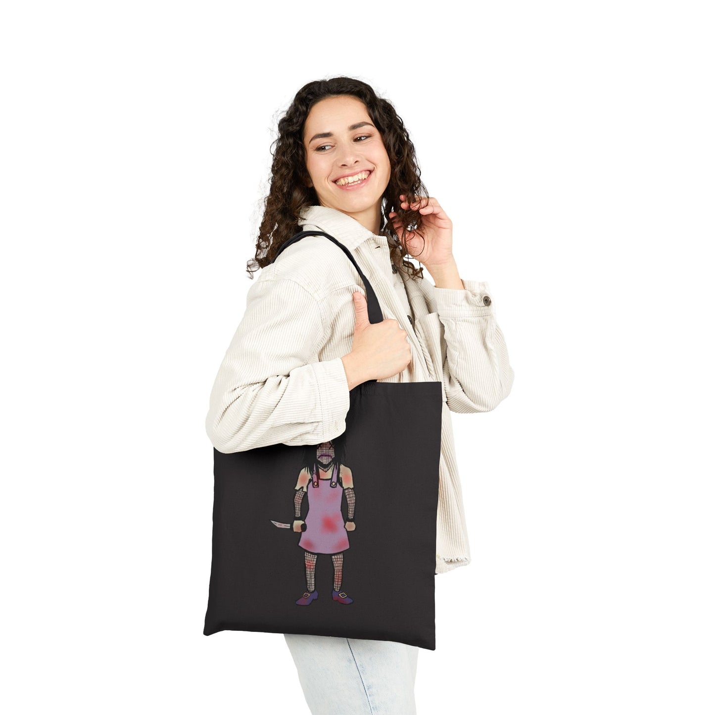 Tote Bag — Cute Grimy Creepy Girl Illustration Canvas Tote (quirky horror, everyday reusable bag)