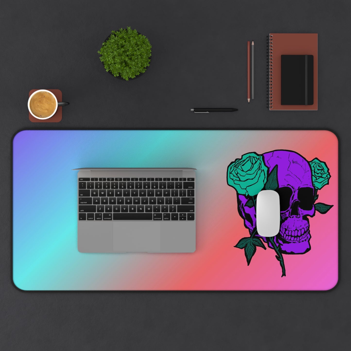 Gradient Skull Desk Mat with Green Roses — Gaming/Office Mousepad