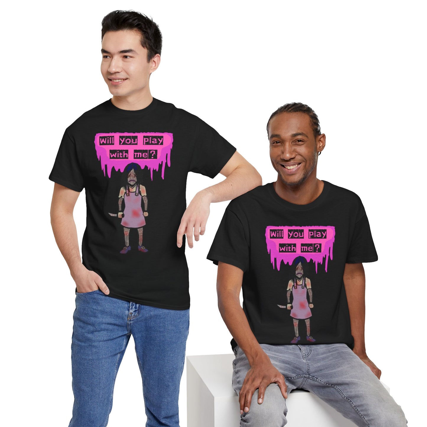 Playful Evil Doll Horror Graphic Tee, Unisex Heavy Cotton Shirt, Casual Wear, Unique Gift, Halloween Costume, Quirky Fashion
