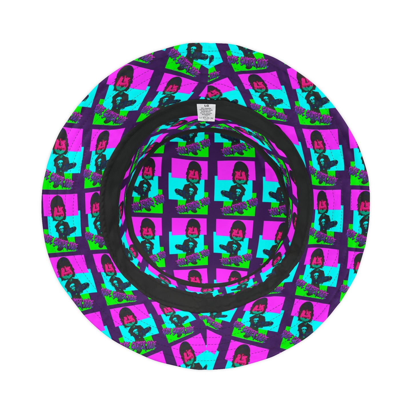 Rude Skater Dude Bucket Hat — Neon Pop Checkerboard Pattern