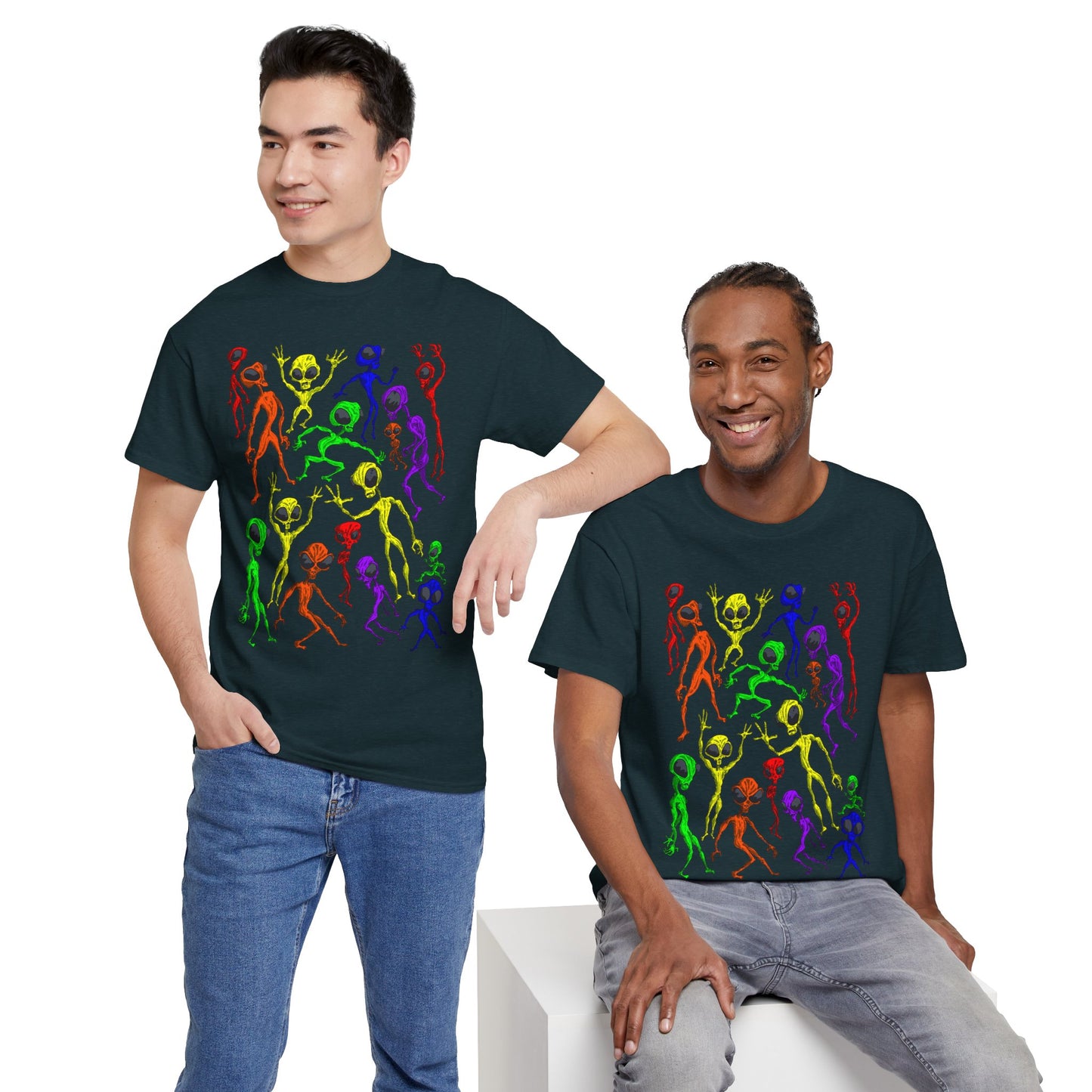 Rainbow Alien Dance Party Unisex Tee - Cosmic Sci-Fi Shirt