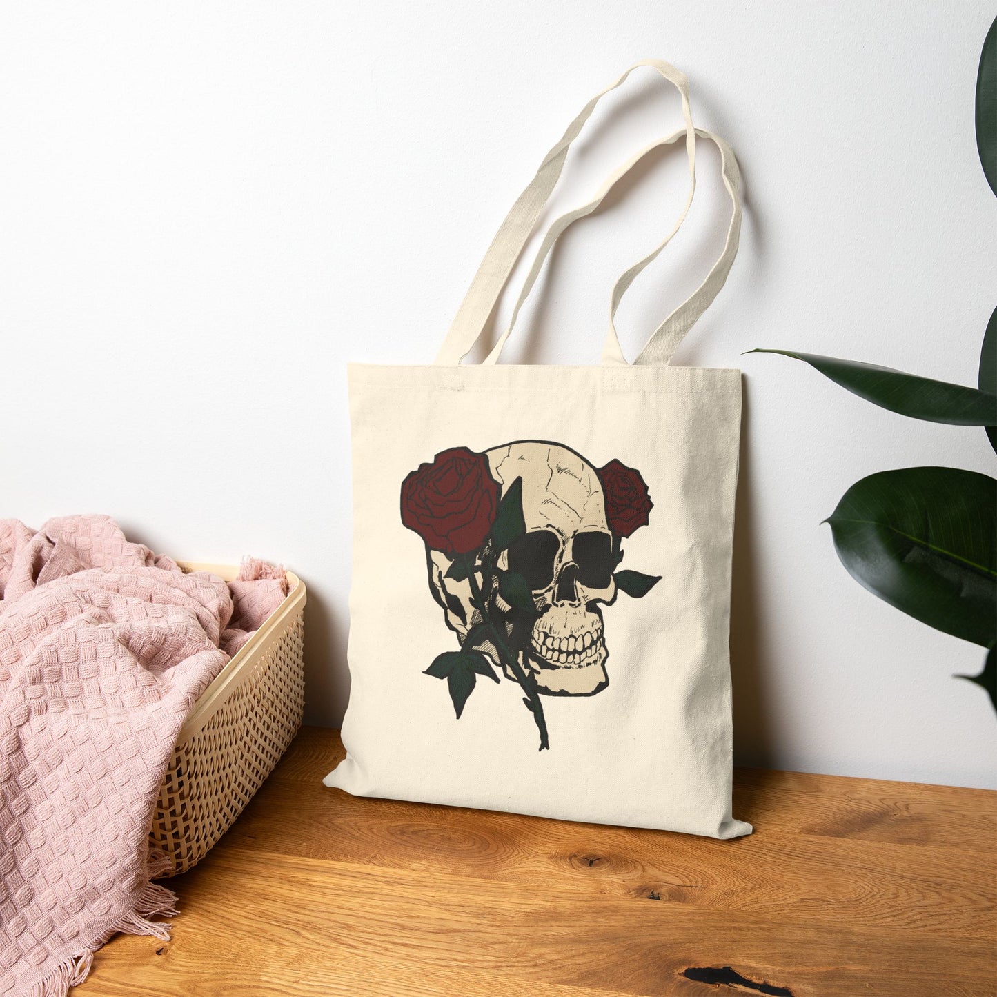 Skull & Roses Canvas Tote Bag — Gothic Floral Reusable Shopper