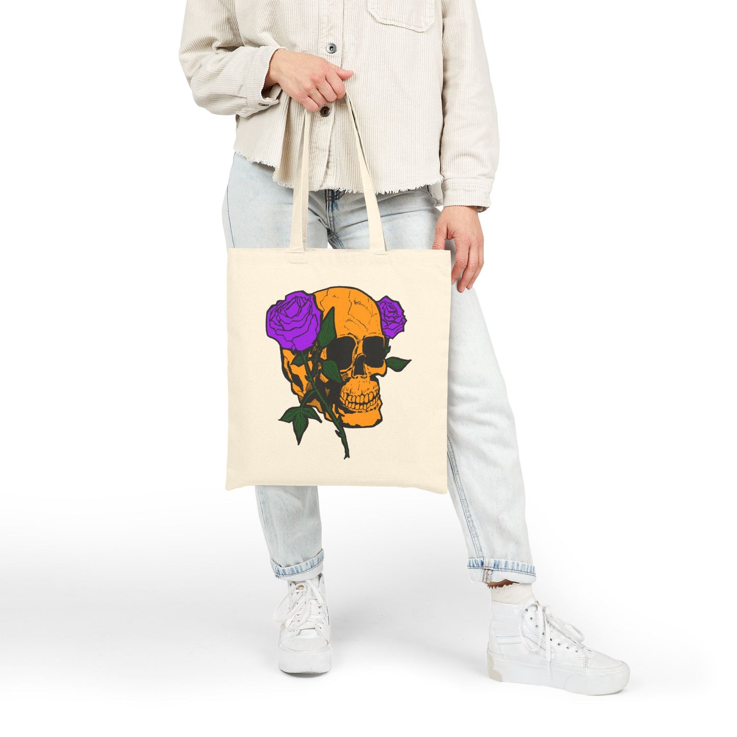 Skull with Purple Roses Canvas Tote Bag