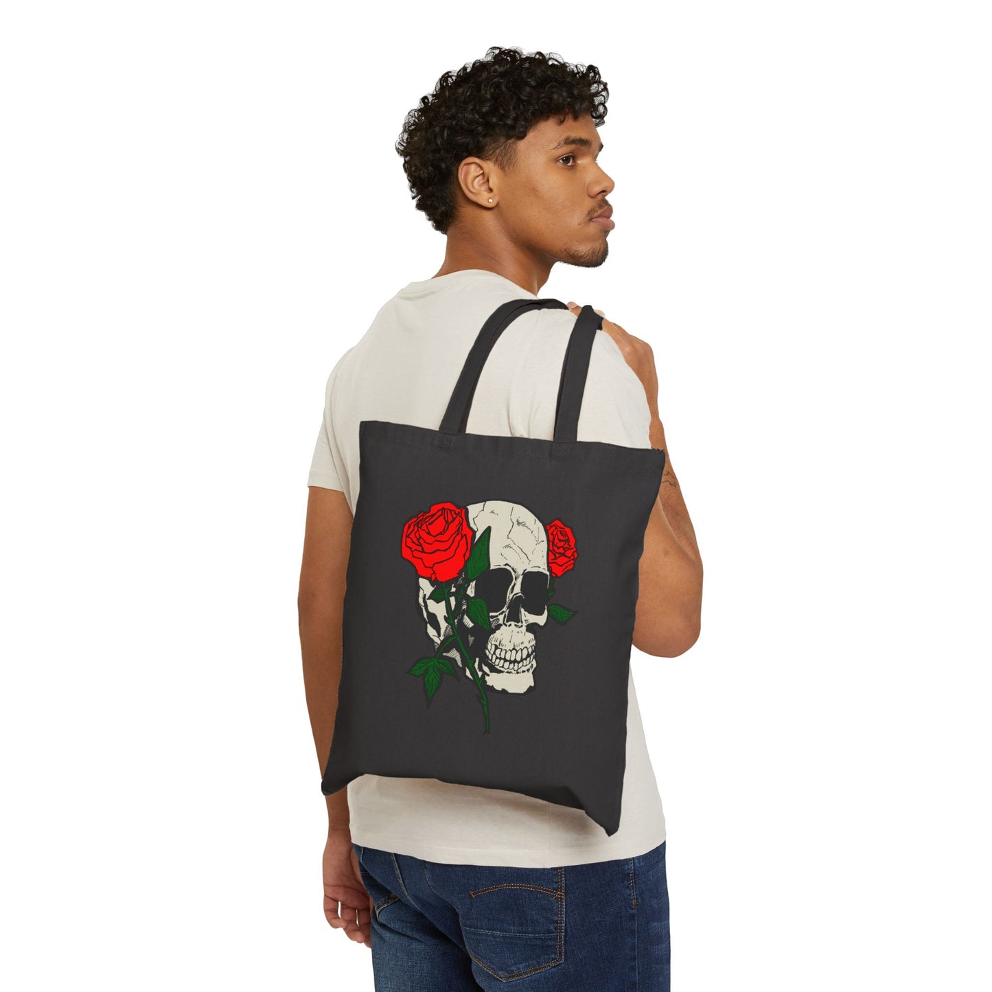 Skull & Roses Canvas Tote Bag — Gothic Floral Reusable Shopper