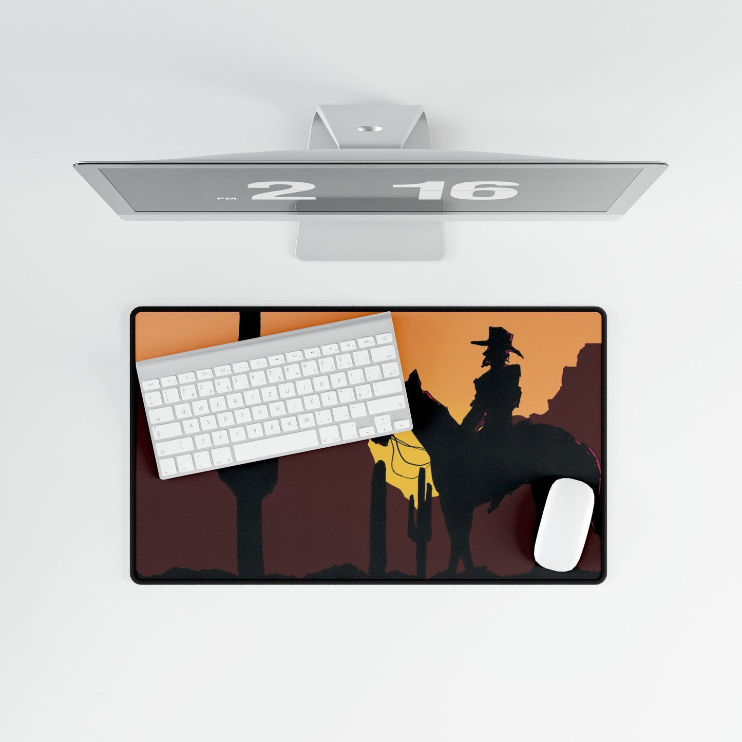 Western Sunset Desk Mat — Cowboy Silhouette Gaming Mouse Padard Playing Mat
