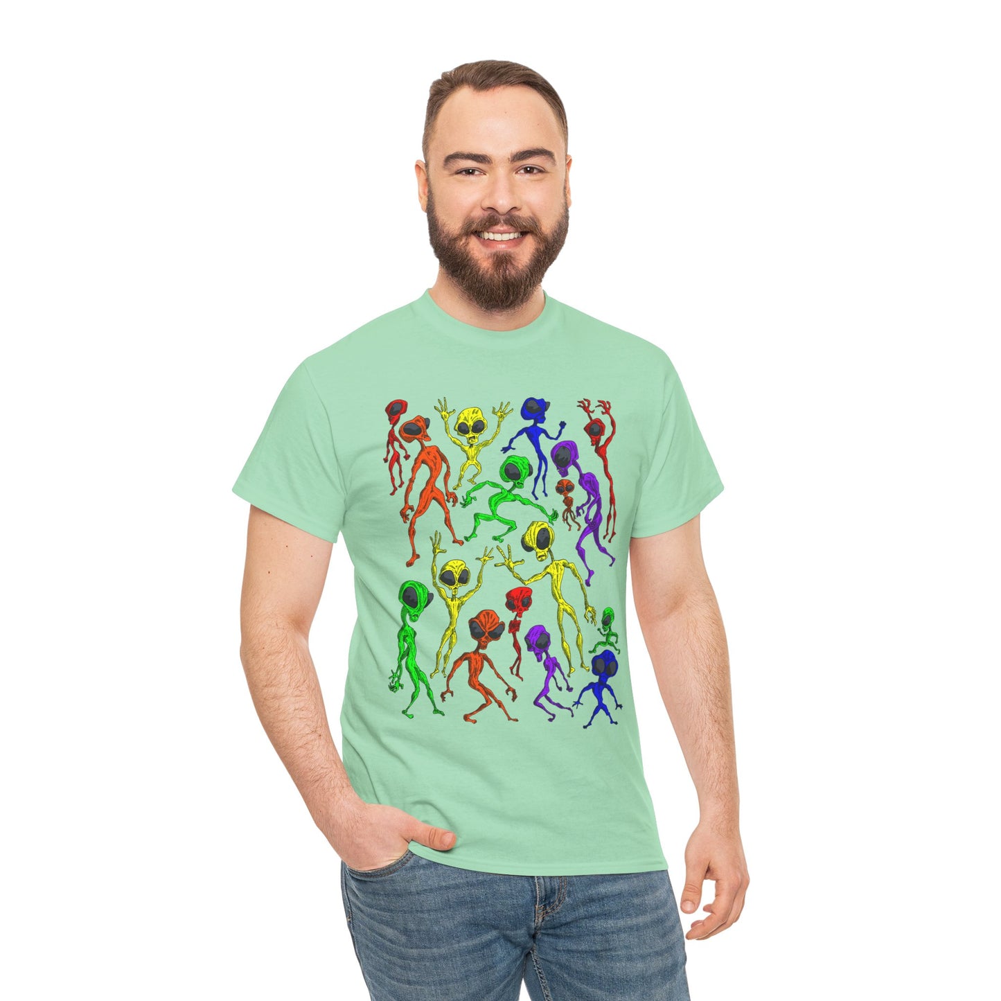 Rainbow Alien Dance Party Unisex Tee - Cosmic Sci-Fi Shirt