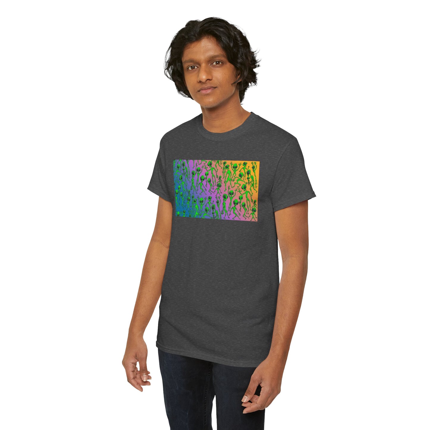 Alien Dance Party Gradient Tee — Colorful Psychedelic Green Aliens Art T-Shirt