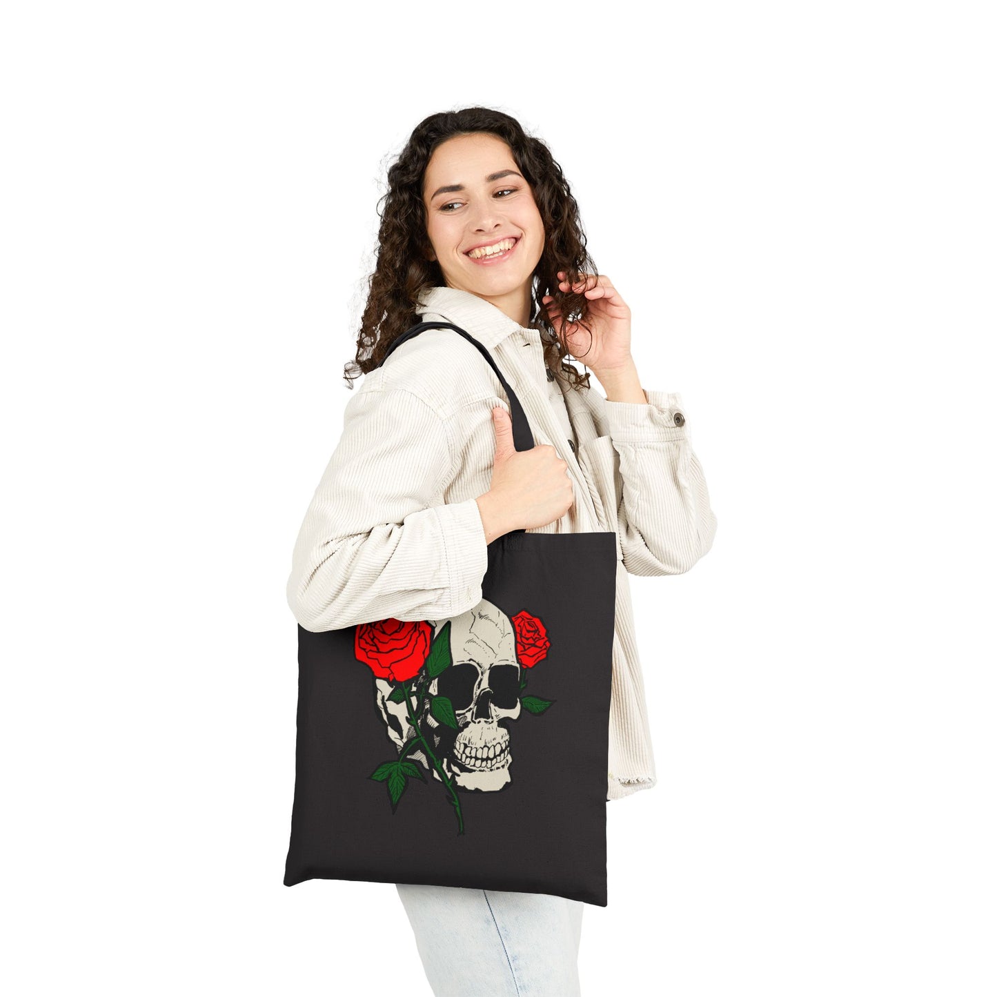 Skull & Roses Canvas Tote Bag — Gothic Floral Reusable Shopper