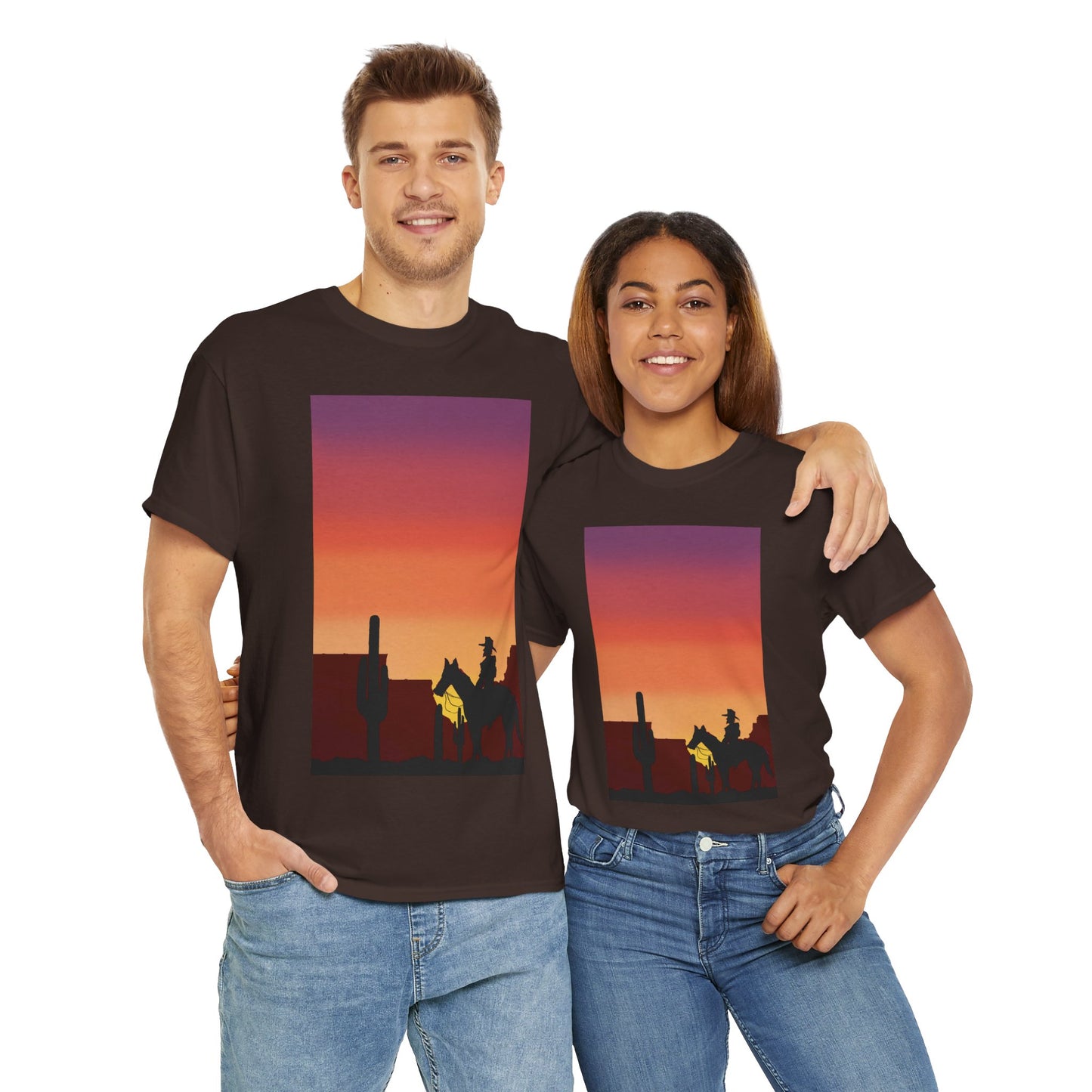 Sunset Cowboy Unisex Heavy Cotton Tee - Western Graphic Tee for Nature Lovers
