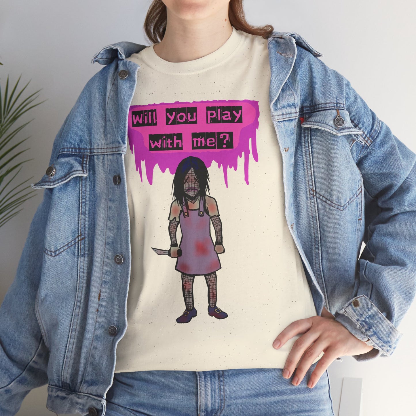 Playful Evil Doll Horror Graphic Tee, Unisex Heavy Cotton Shirt, Casual Wear, Unique Gift, Halloween Costume, Quirky Fashion