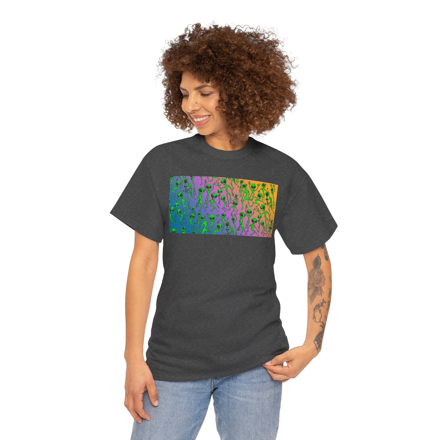 Alien Dance Party Gradient Tee — Colorful Psychedelic Green Aliens Art T-Shirt