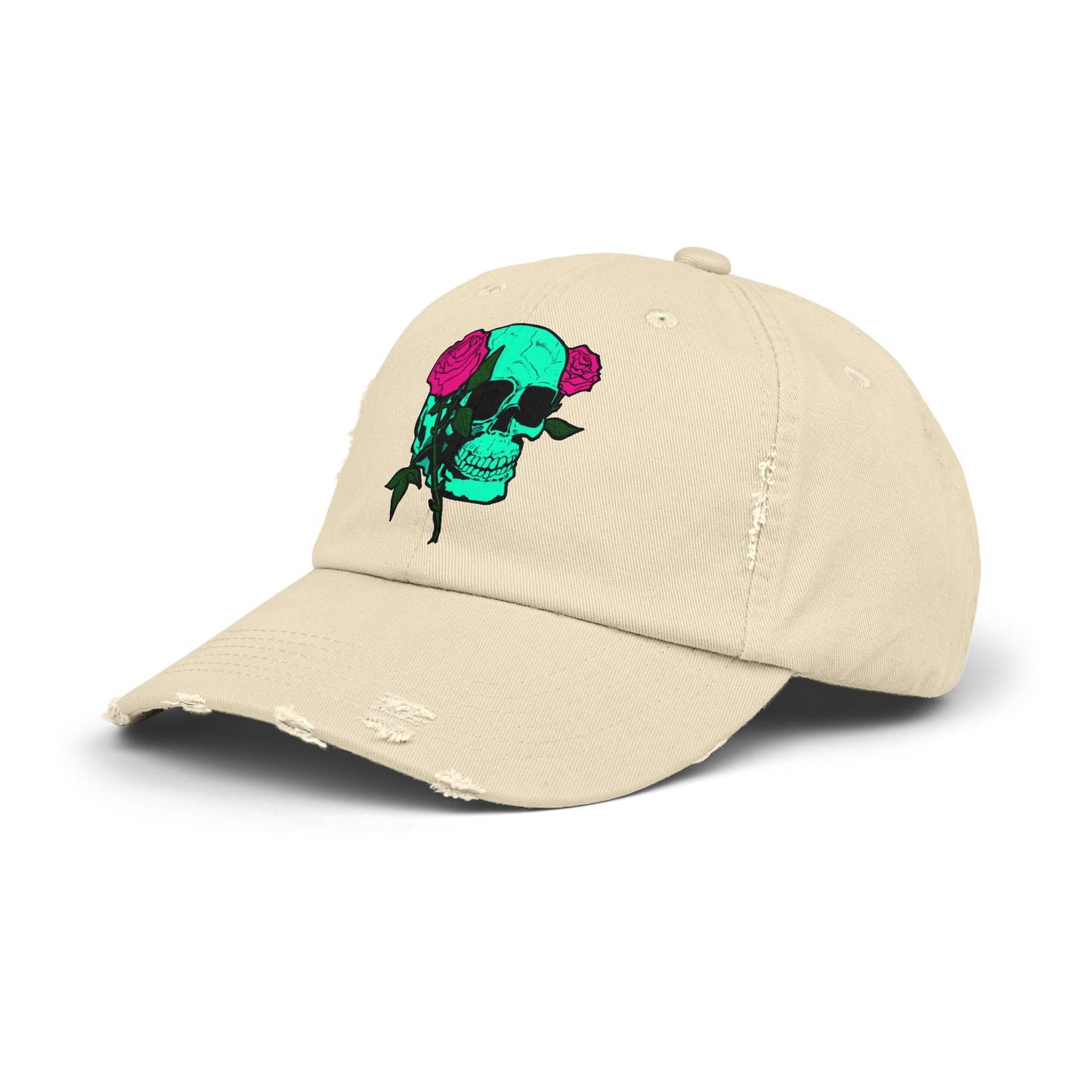 Trendy Distressed Skull Cap with Roses