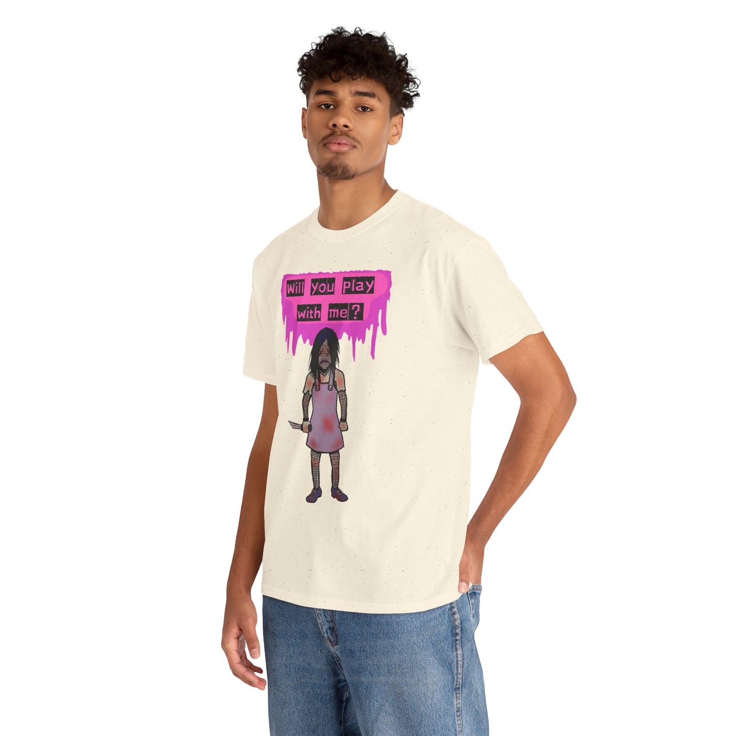 Playful Evil Doll Horror Graphic Tee, Unisex Heavy Cotton Shirt, Casual Wear, Unique Gift, Halloween Costume, Quirky Fashion