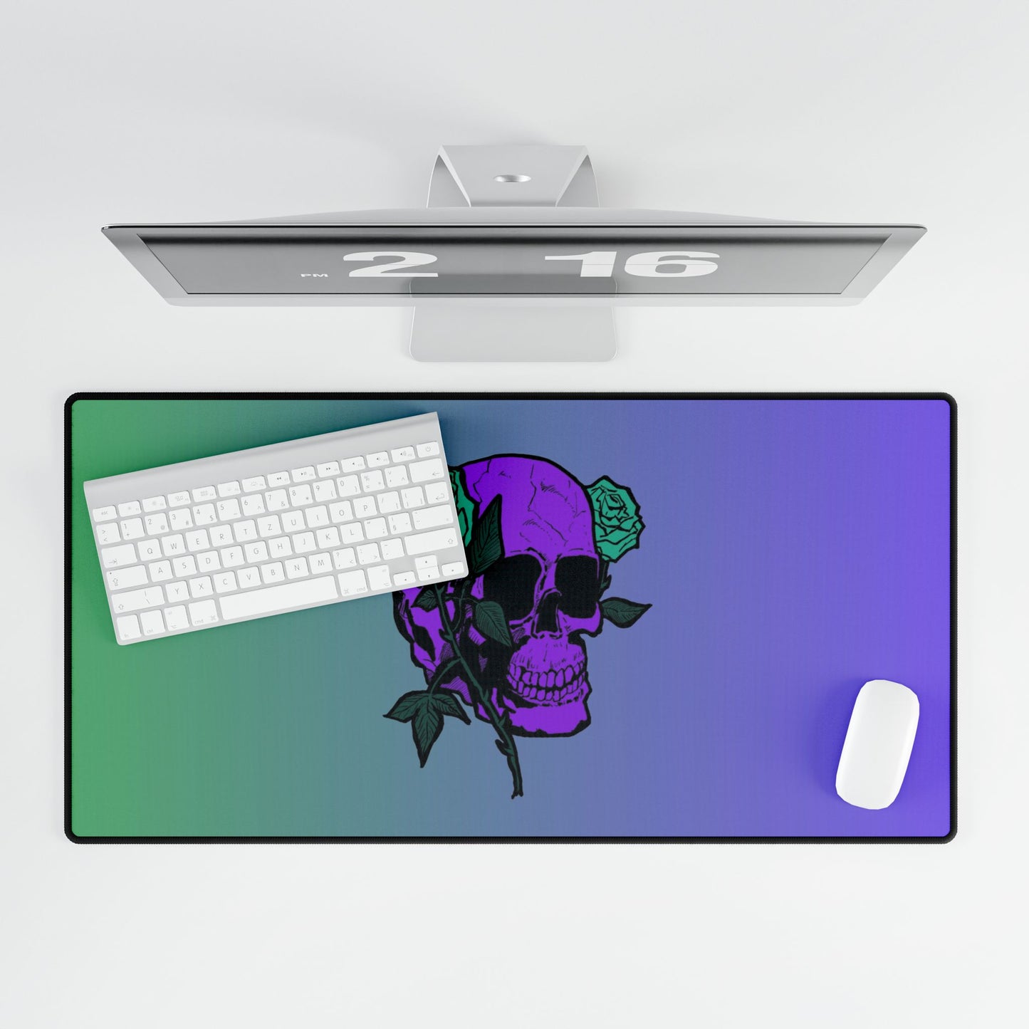 Skull & Roses Gradient Desk Mat — Purple Green Gaming/Work Mousepad and Card Playing Mat