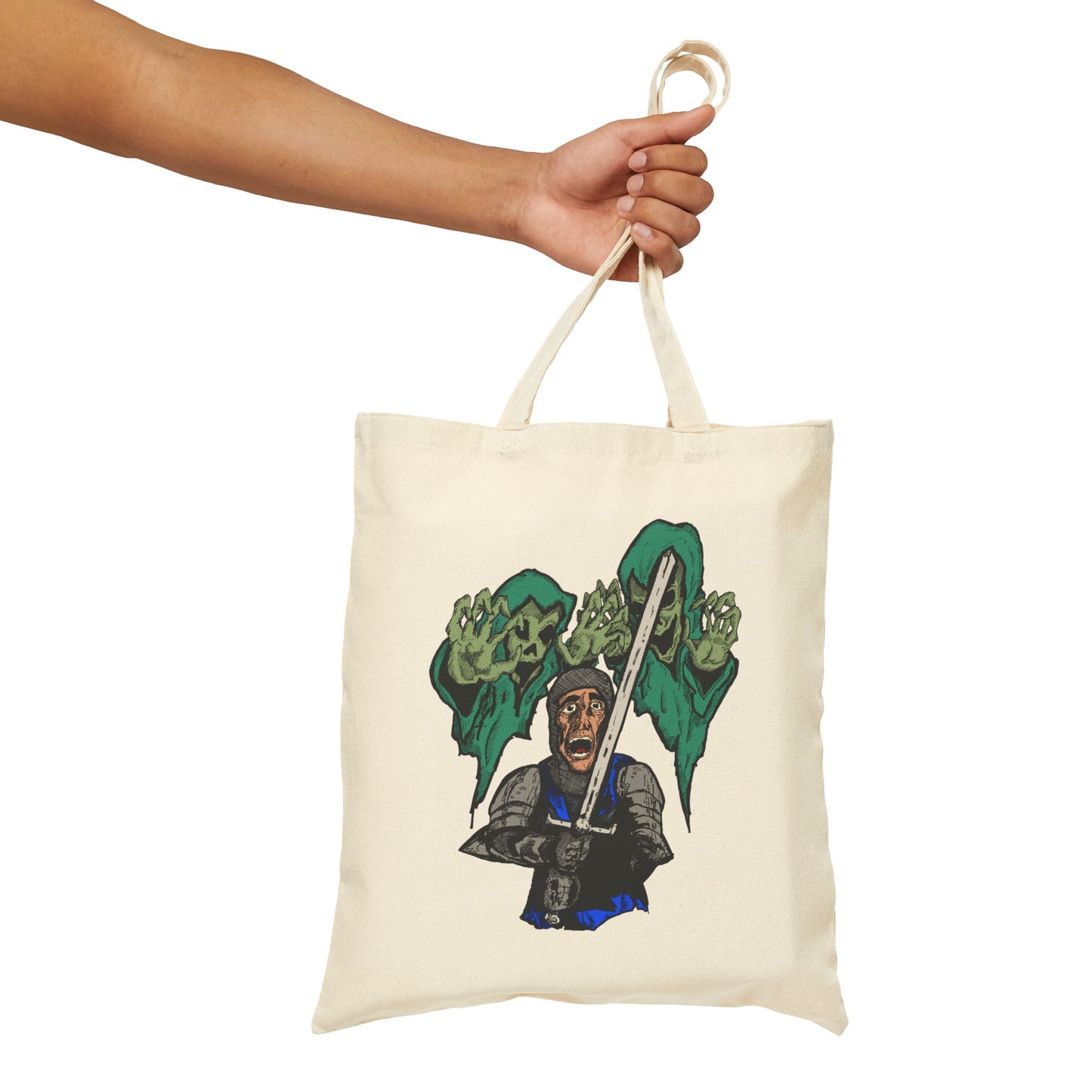 Knight Fright Graphic Canvas Tote — Warrior with Sword & Wraiths Design