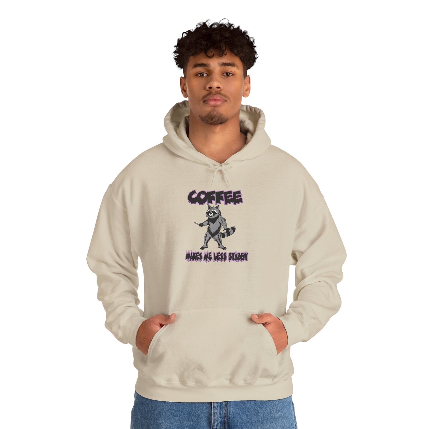 Coffee Makes Me Less Stabby Themed Unisex Hoodie with Fun Raccoon Design, Perfect for Coffee Lovers, Gift for Birthdays, Chill Days, Cozy Sweater