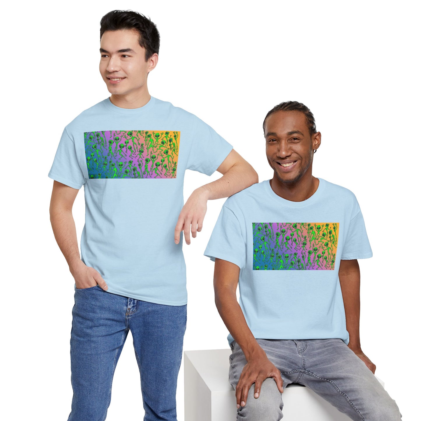 Alien Dance Party Gradient Tee — Colorful Psychedelic Green Aliens Art T-Shirt