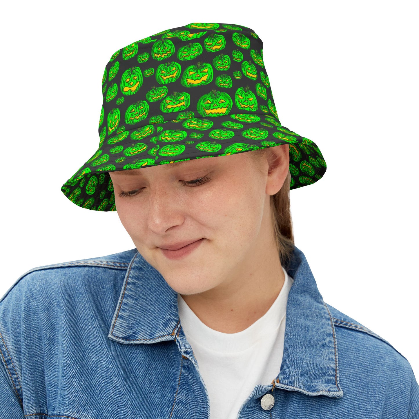 Monster Green Jack O Lantern Halloween Bucket Hat, Spooky Fall Accessory, Festival Hat, Trick or Treat Gear, Unisex Hat