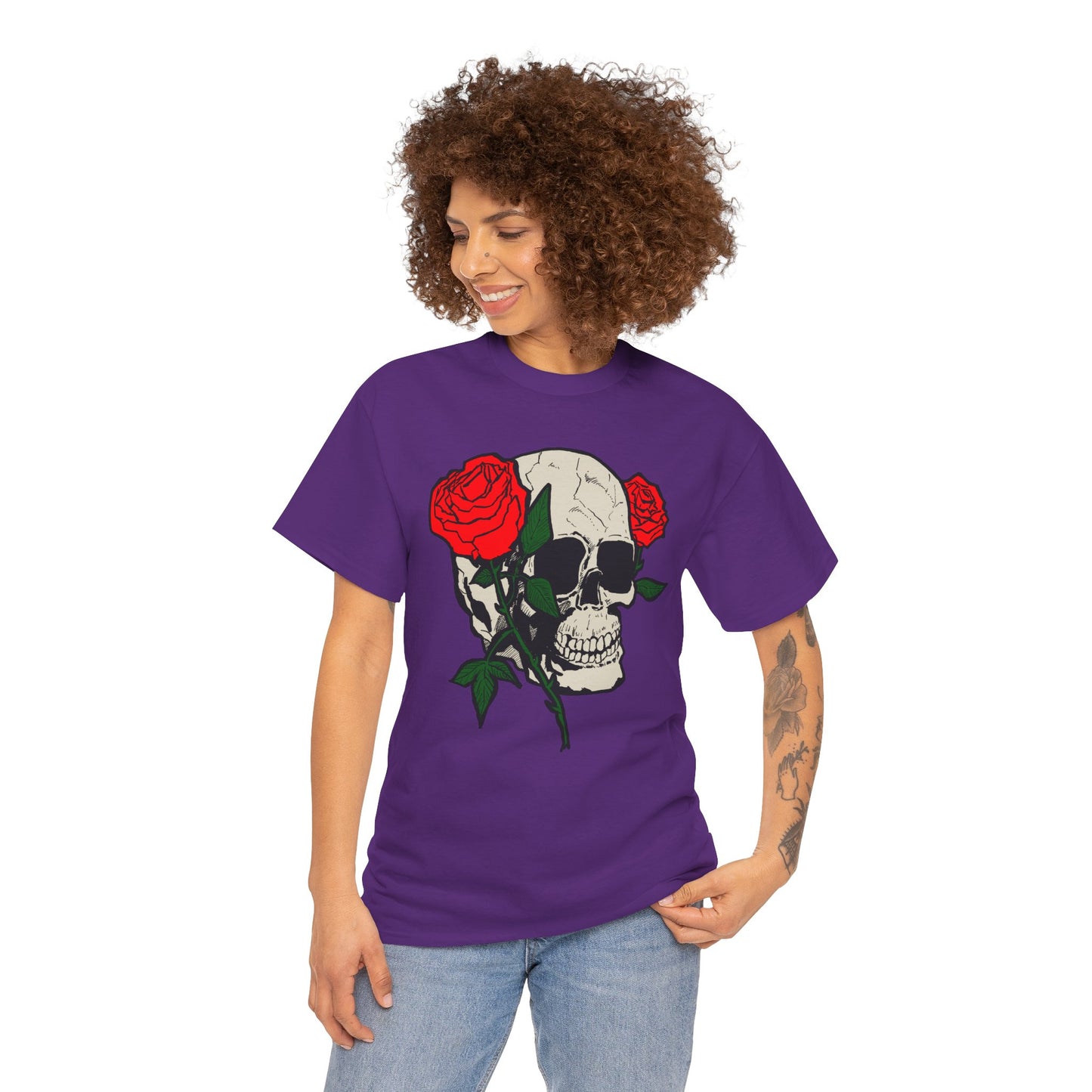 Skull & Roses Unisex Heavy Cotton Tee - Edgy Graphic T-Shirt for Casual Style