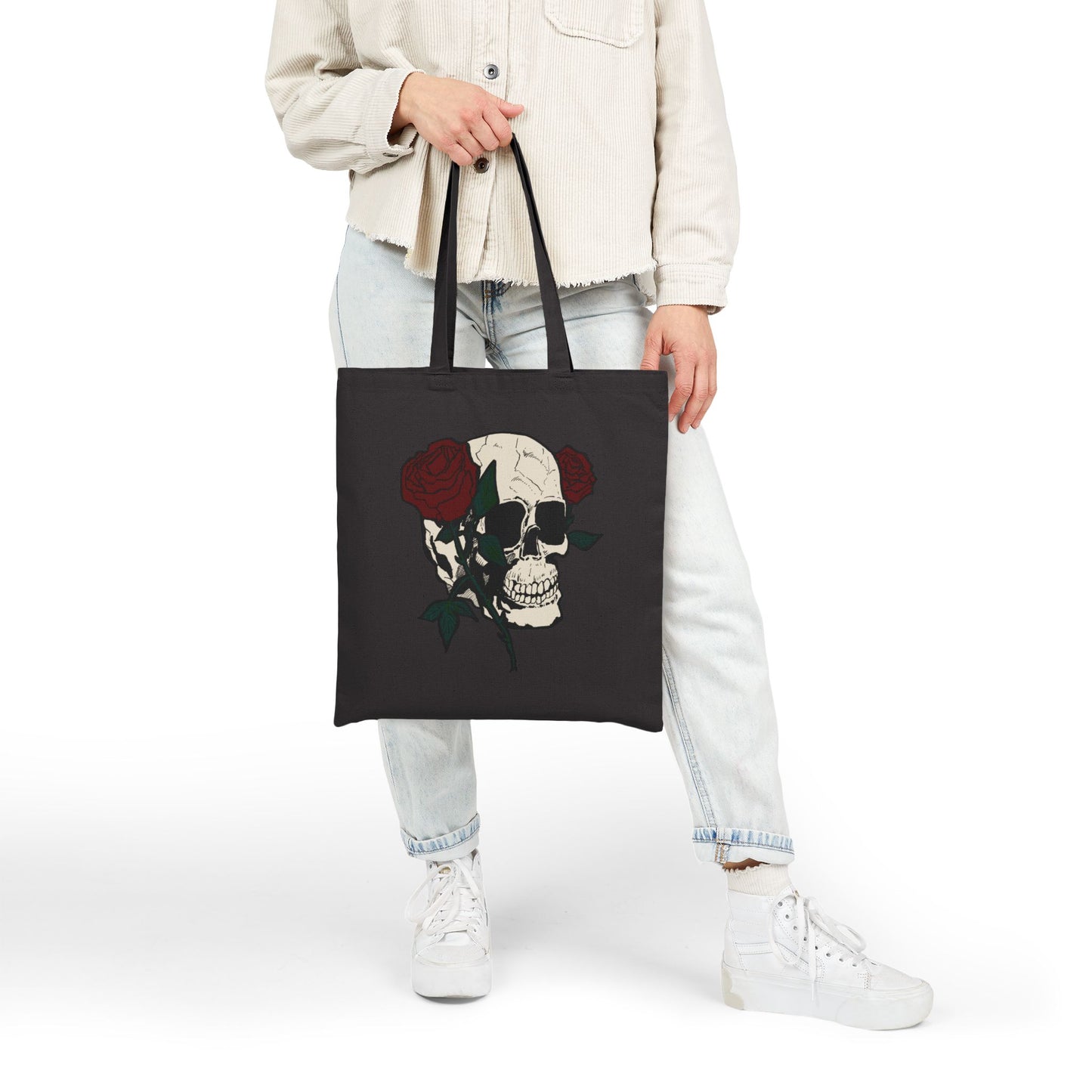 Skull & Roses Canvas Tote Bag — Gothic Floral Reusable Shopper