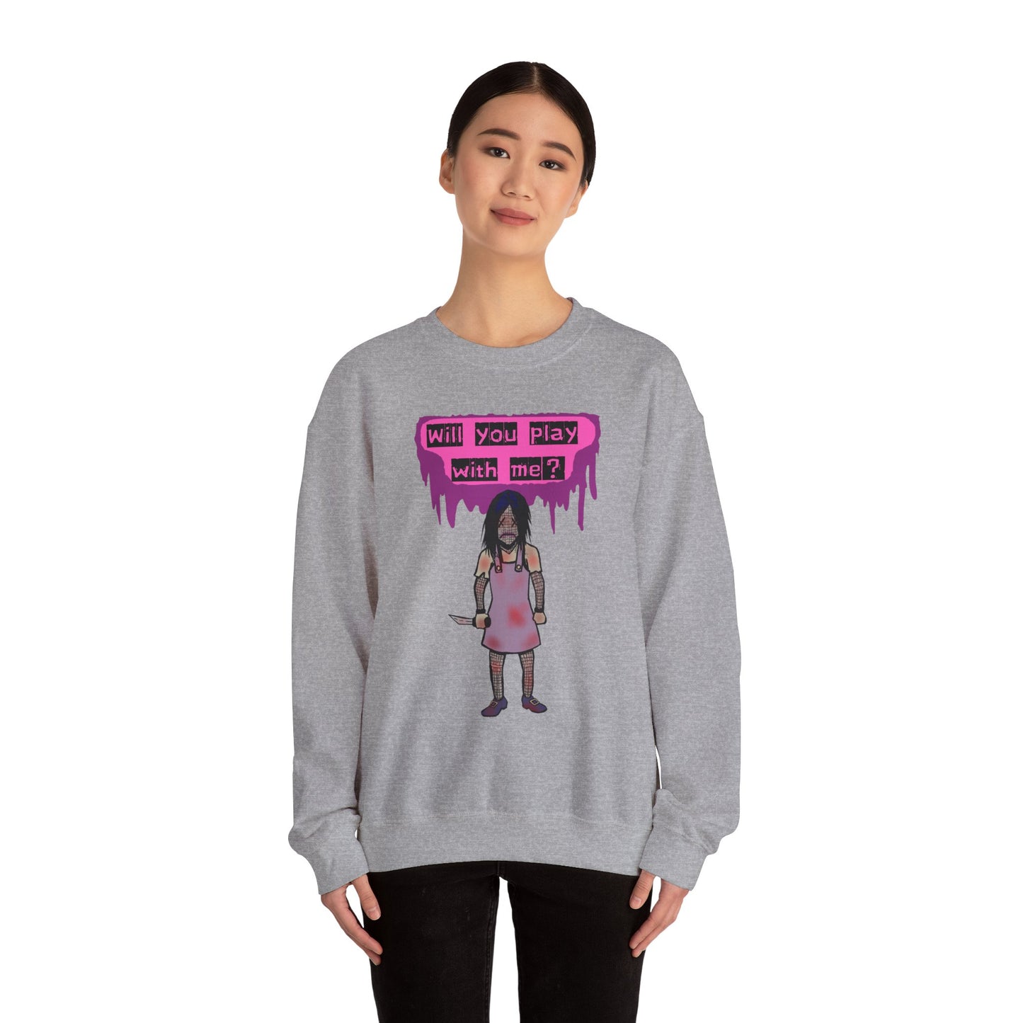 Evil Doll GHOSTLY VINTAGE UNISEX CREWNECK SWEATSHIRT - "Will You Play With Me?"