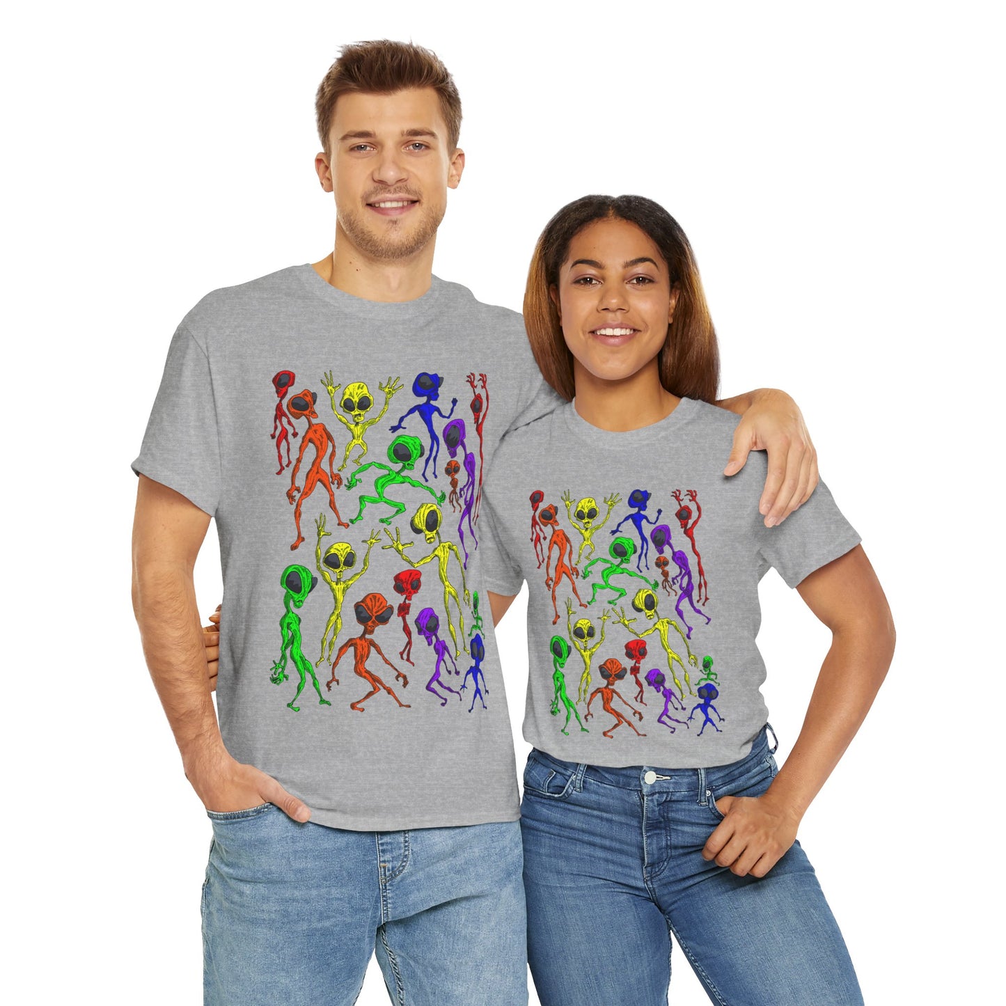 Rainbow Alien Dance Party Unisex Tee - Cosmic Sci-Fi Shirt