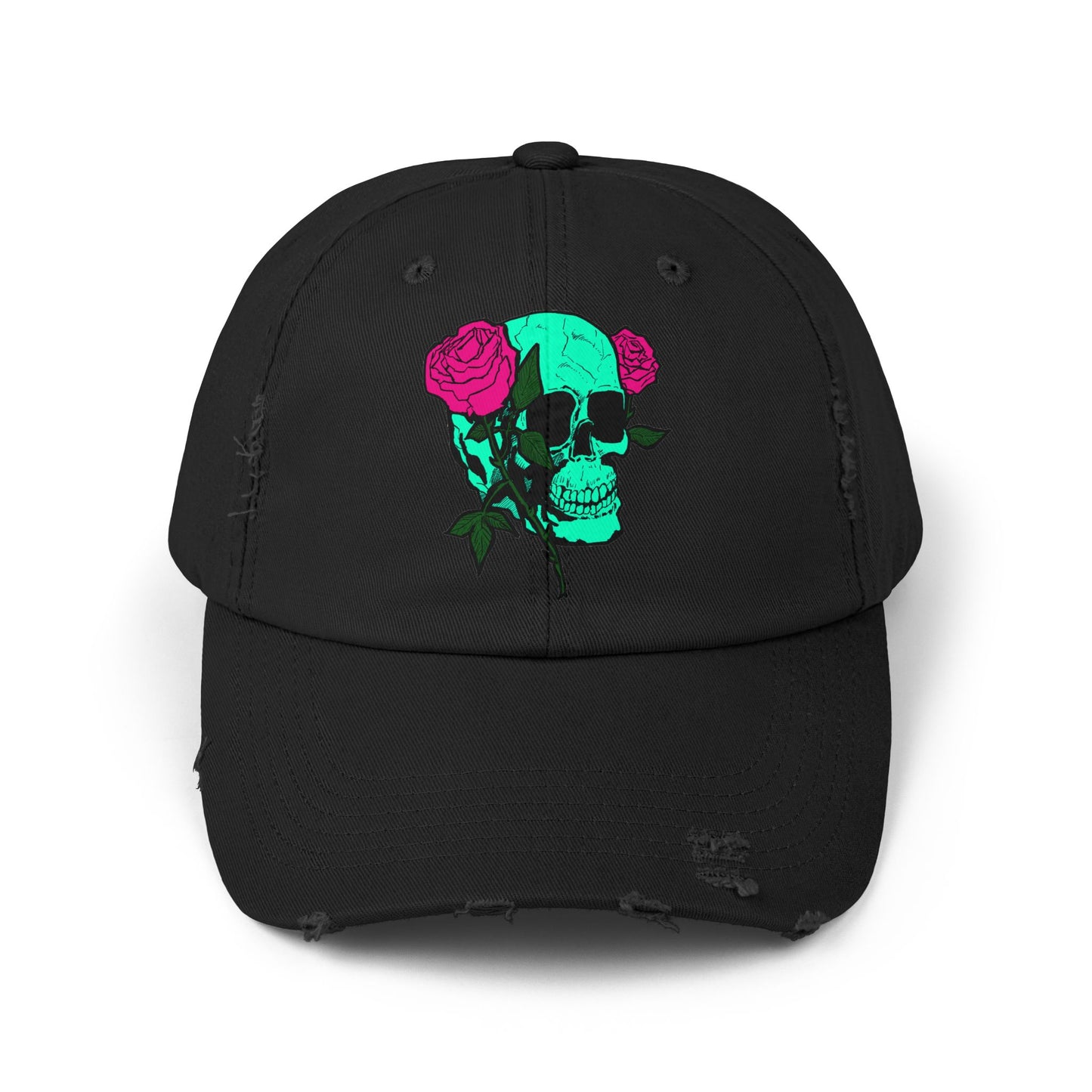 Trendy Distressed Skull Cap with Roses