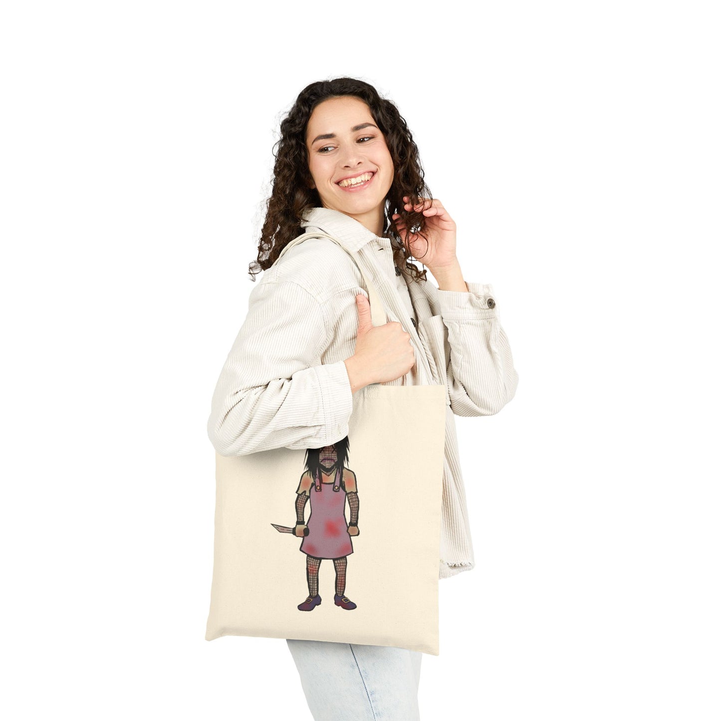 Tote Bag — Cute Grimy Creepy Girl Illustration Canvas Tote (quirky horror, everyday reusable bag)