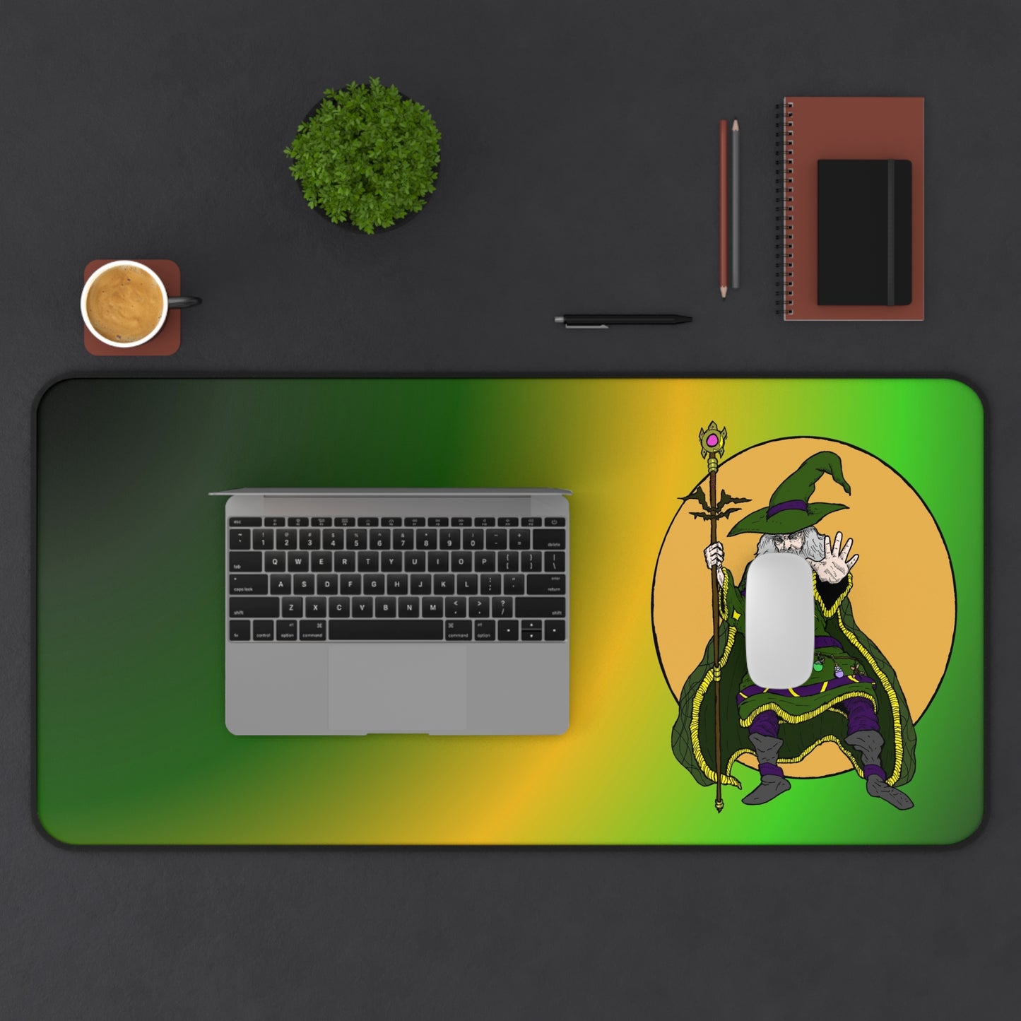 Wizard Desk Mat — Green & Gold Gaming Mouse Pad with Wizard Illustration