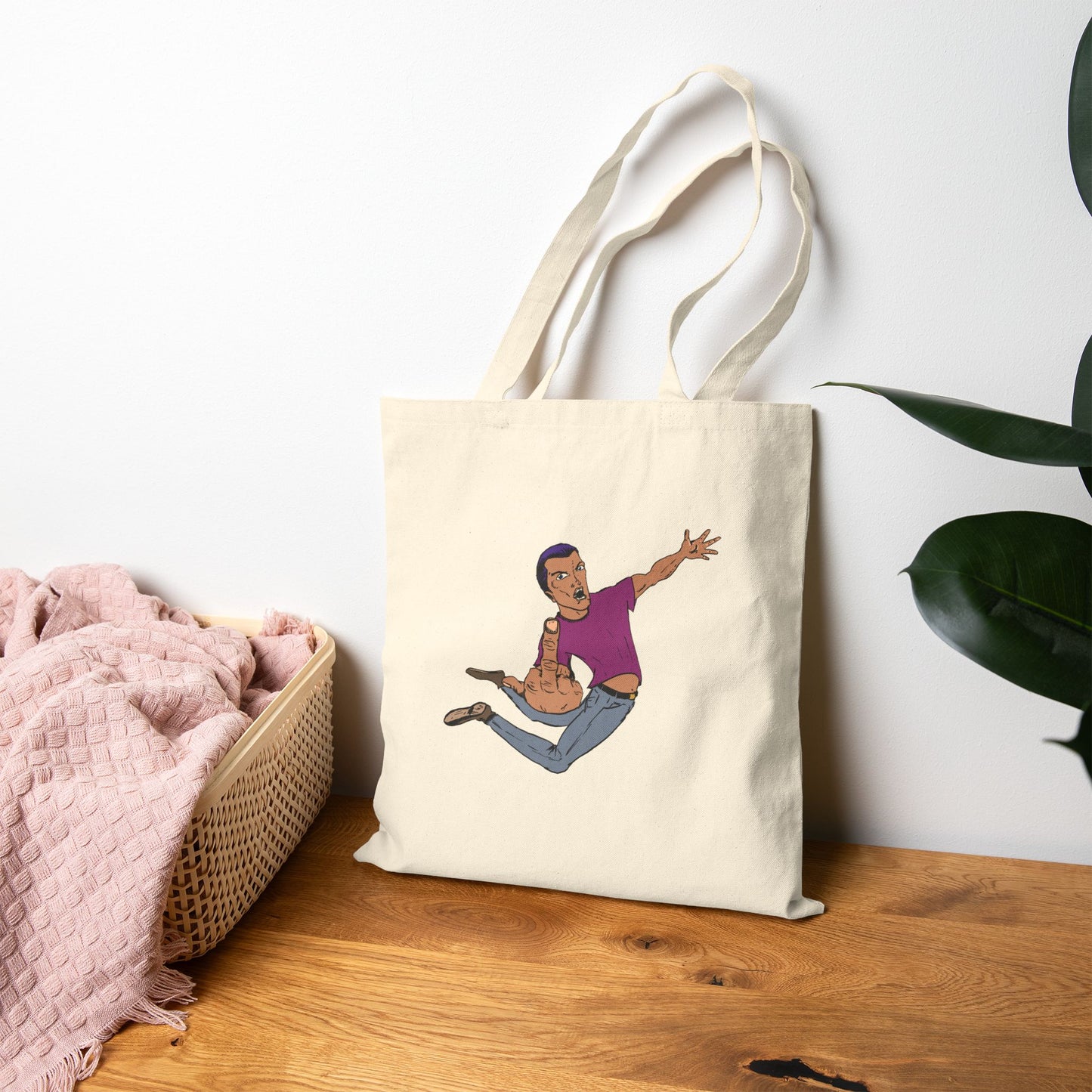 Giving a Flying Eff Tote Bag — Playful Retro Man Jumping Illustration Cotton Canvas Tote