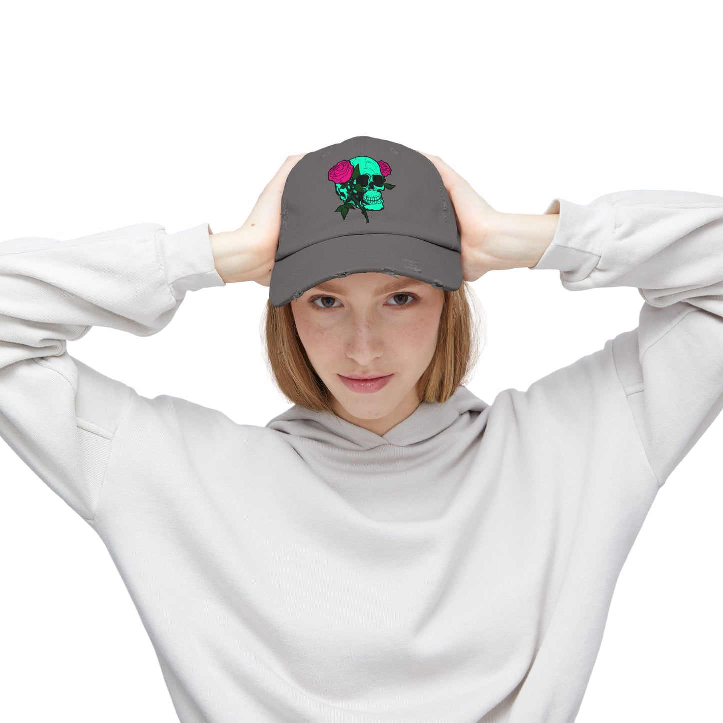 Trendy Distressed Skull Cap with Roses