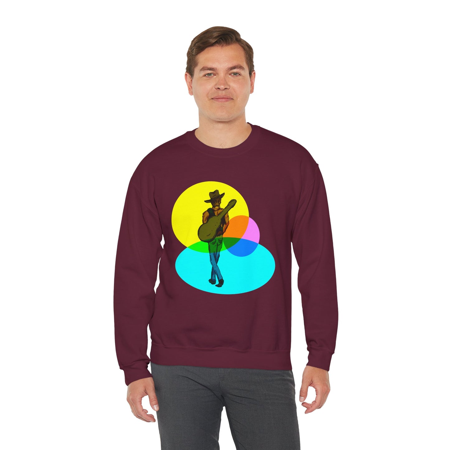 Cowboy Guitarist Graphic Sweatshirt — Retro Color Spot Music Pullover