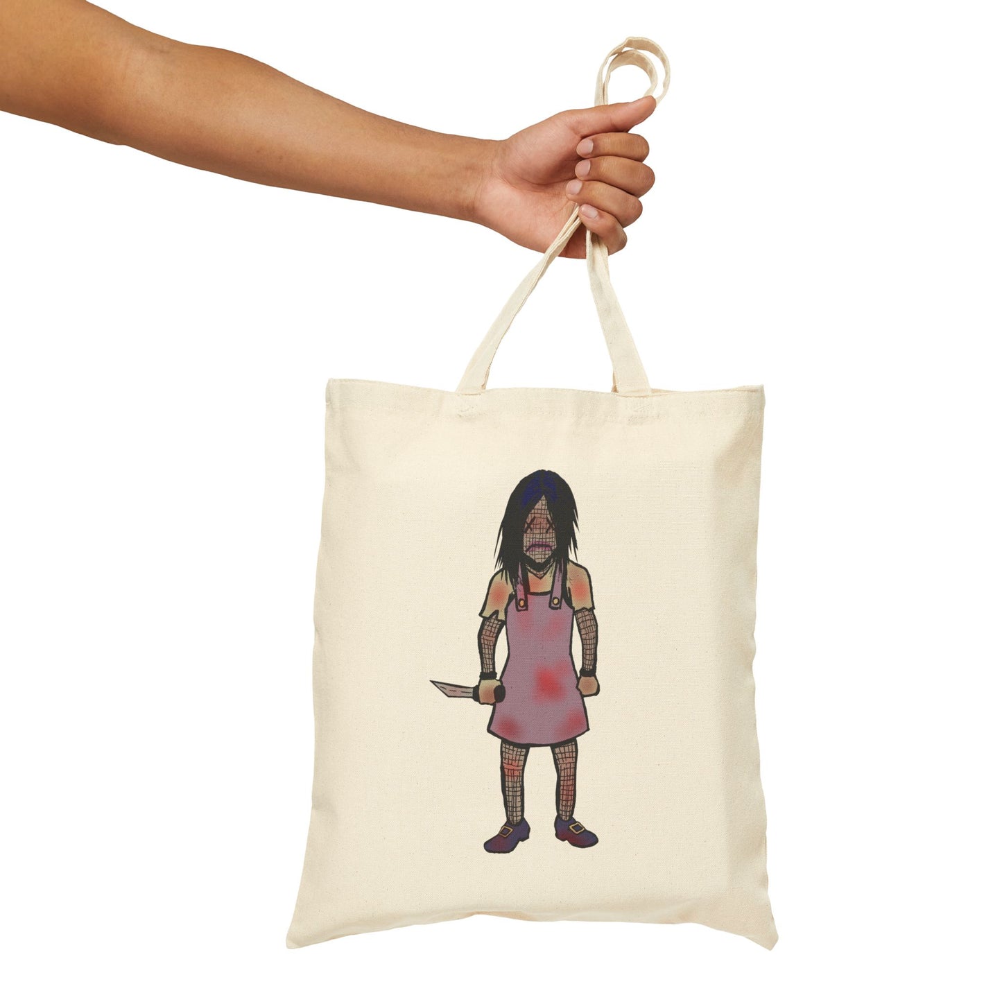 Tote Bag — Cute Grimy Creepy Girl Illustration Canvas Tote (quirky horror, everyday reusable bag)