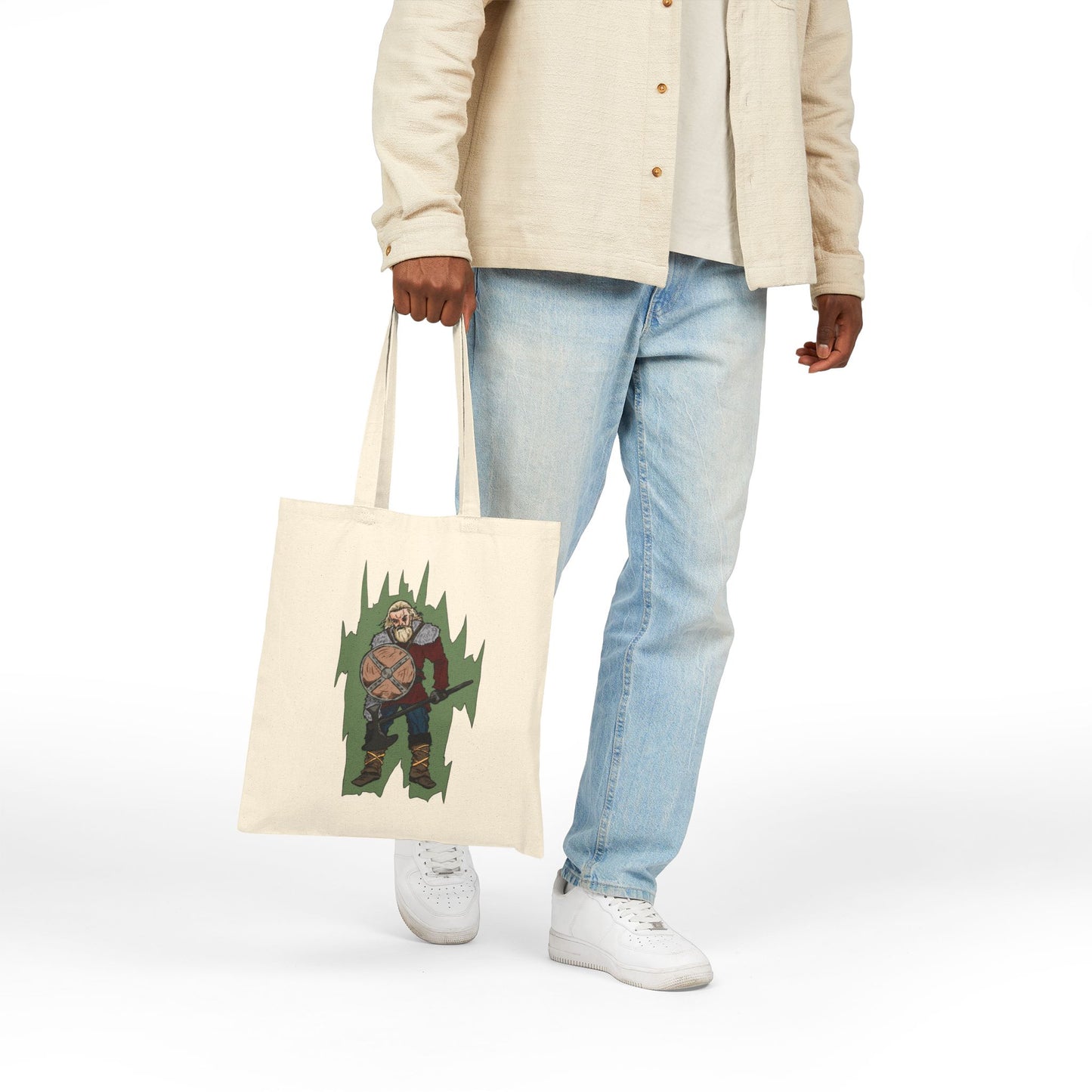 Viking Warrior Canvas Tote Bag – Norse Shield & Axe Graphic Cotton Tote