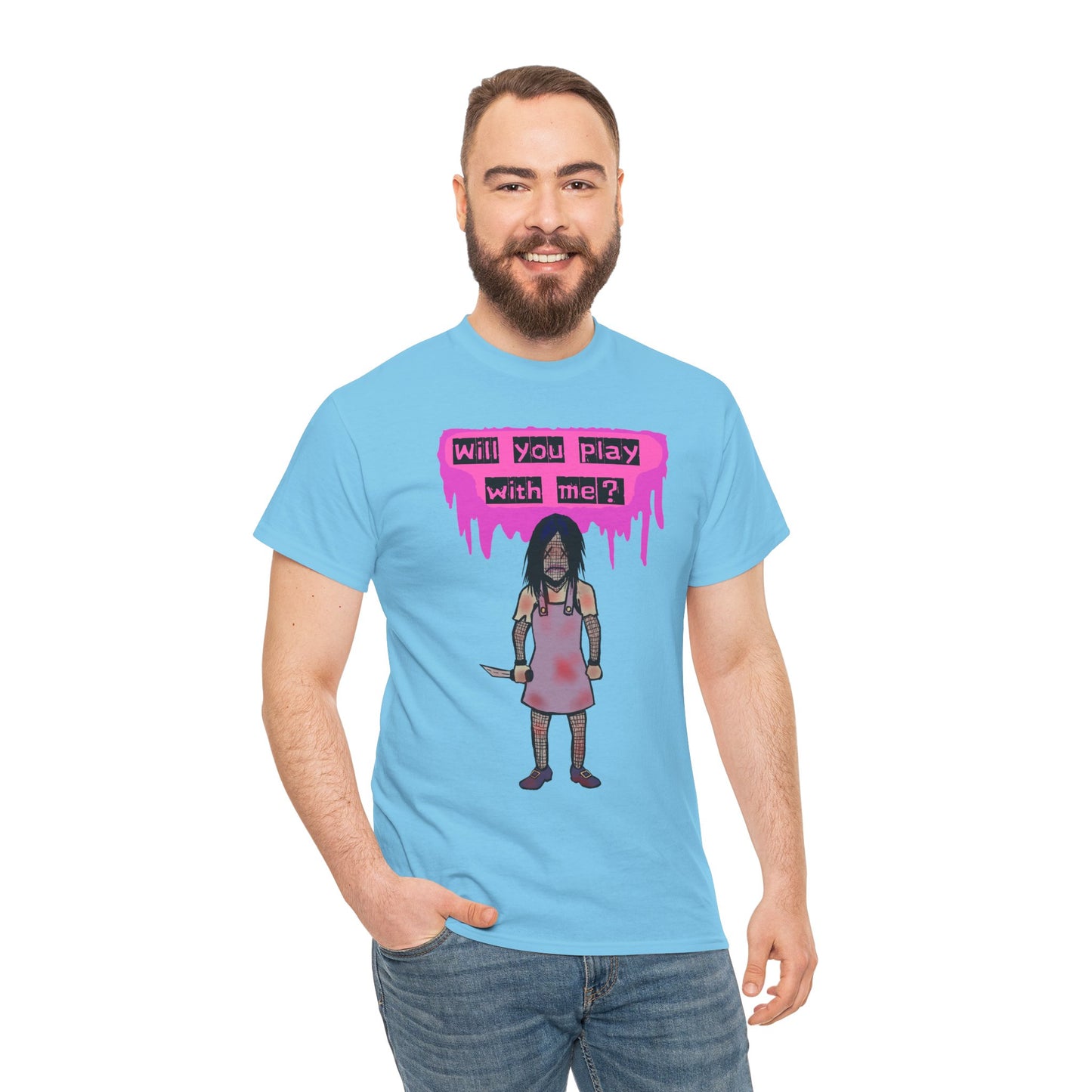 Playful Evil Doll Horror Graphic Tee, Unisex Heavy Cotton Shirt, Casual Wear, Unique Gift, Halloween Costume, Quirky Fashion