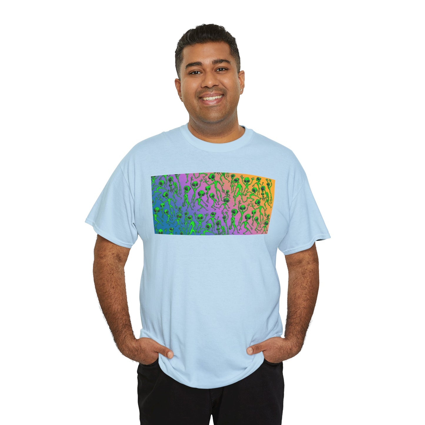 Alien Dance Party Gradient Tee — Colorful Psychedelic Green Aliens Art T-Shirt