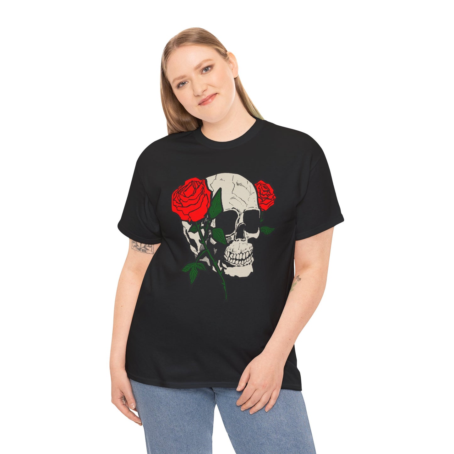Skull & Roses Unisex Heavy Cotton Tee - Edgy Graphic T-Shirt for Casual Style